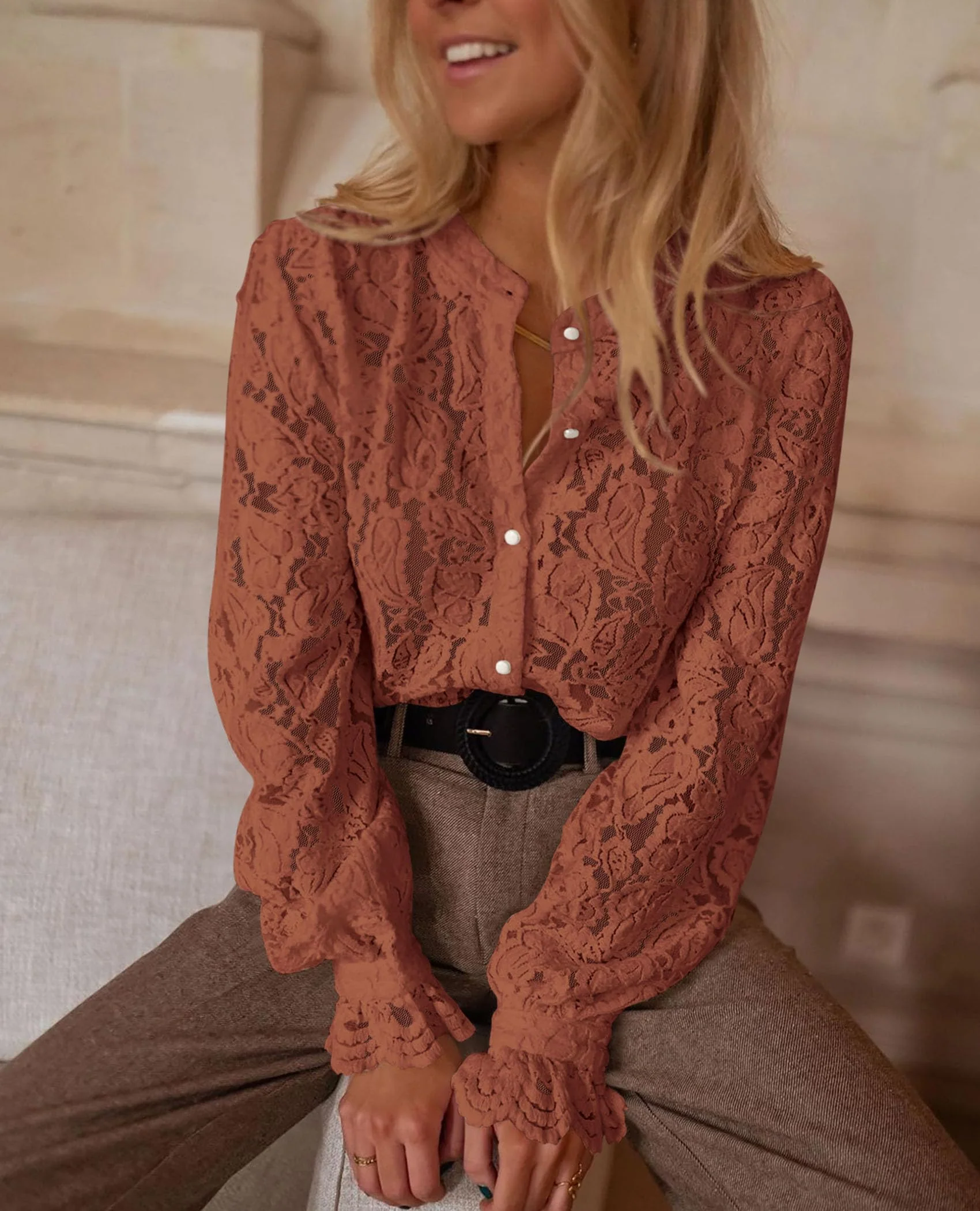 PRETTYGARDEN Women's Dressy Casual Lace Blouse Long Sleeve Button Up Shirts Tops Spring Fall Fashion Clothes - Image 134