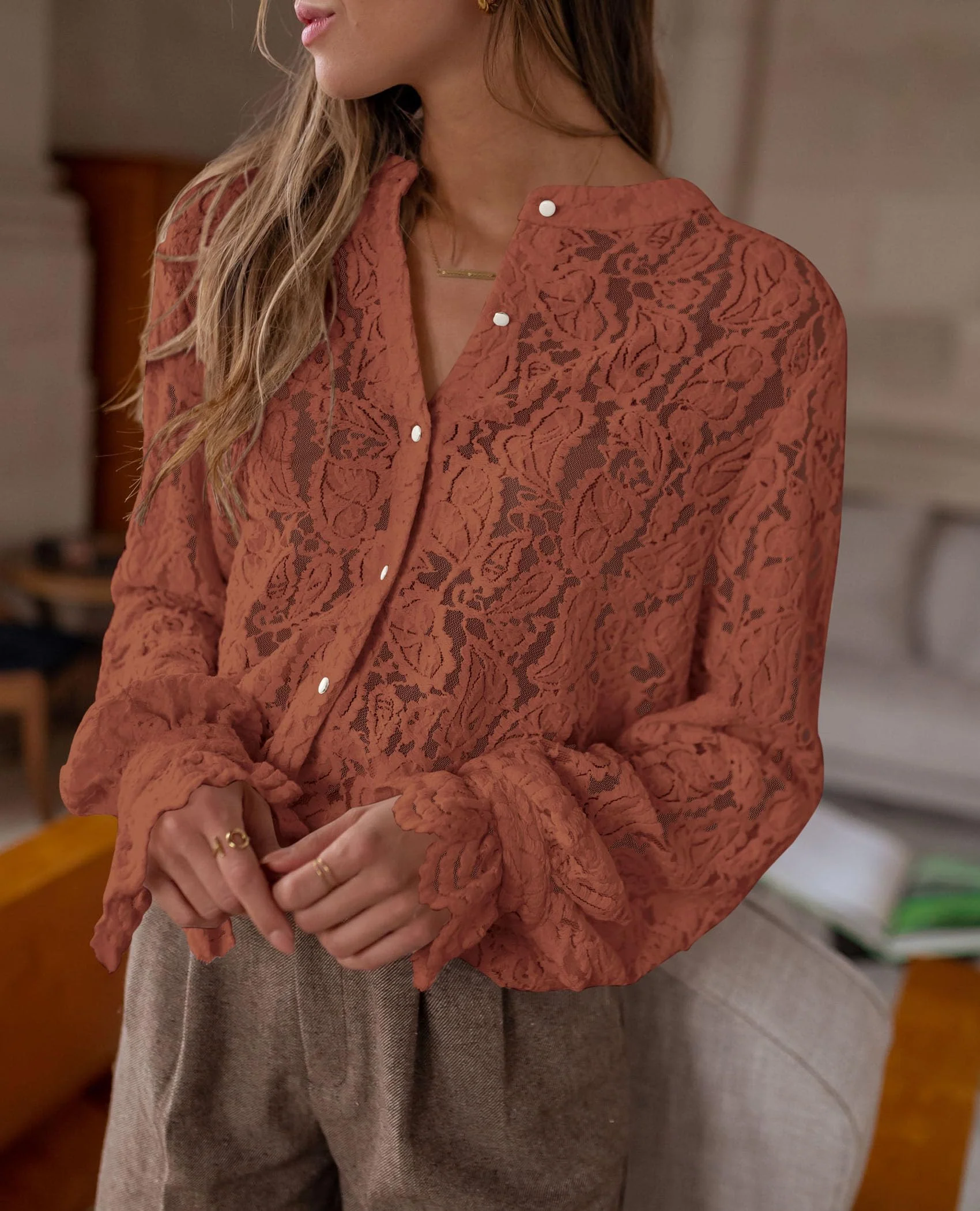 PRETTYGARDEN Women's Dressy Casual Lace Blouse Long Sleeve Button Up Shirts Tops Spring Fall Fashion Clothes - Image 135