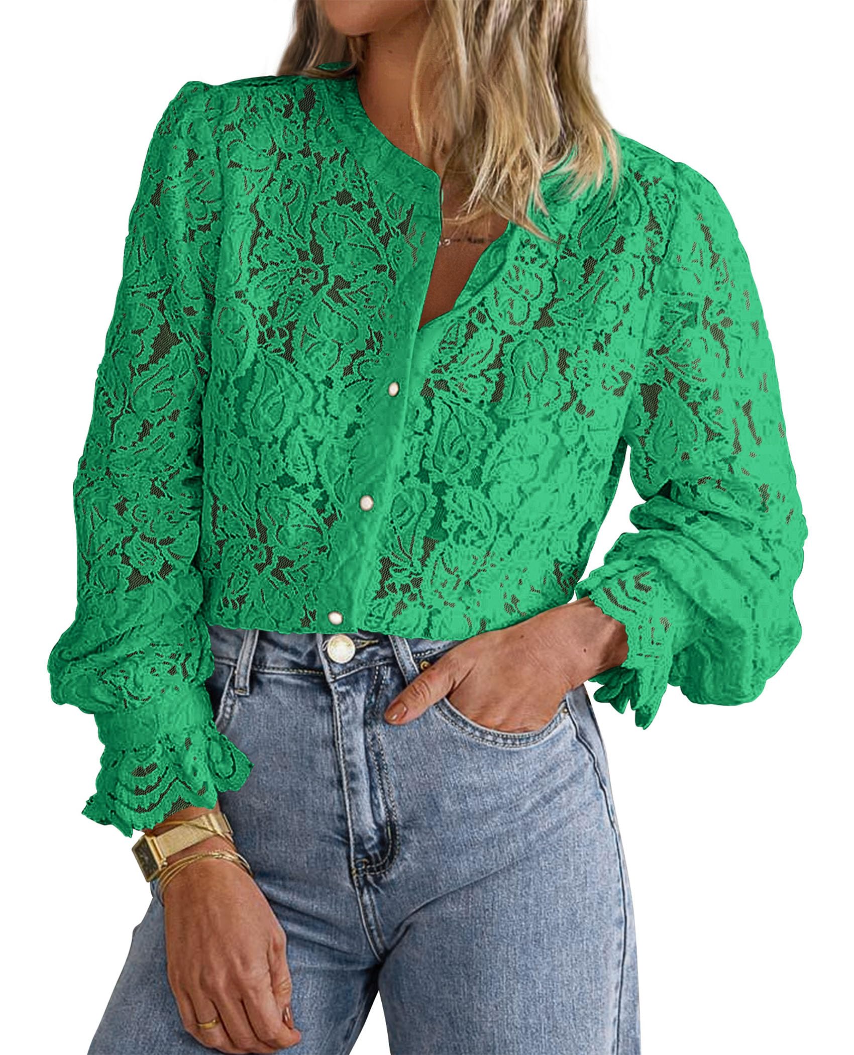 PRETTYGARDEN Women's Dressy Casual Lace Blouse Long Sleeve Button Up Shirts Tops Spring Fall Fashion Clothes - Image 138