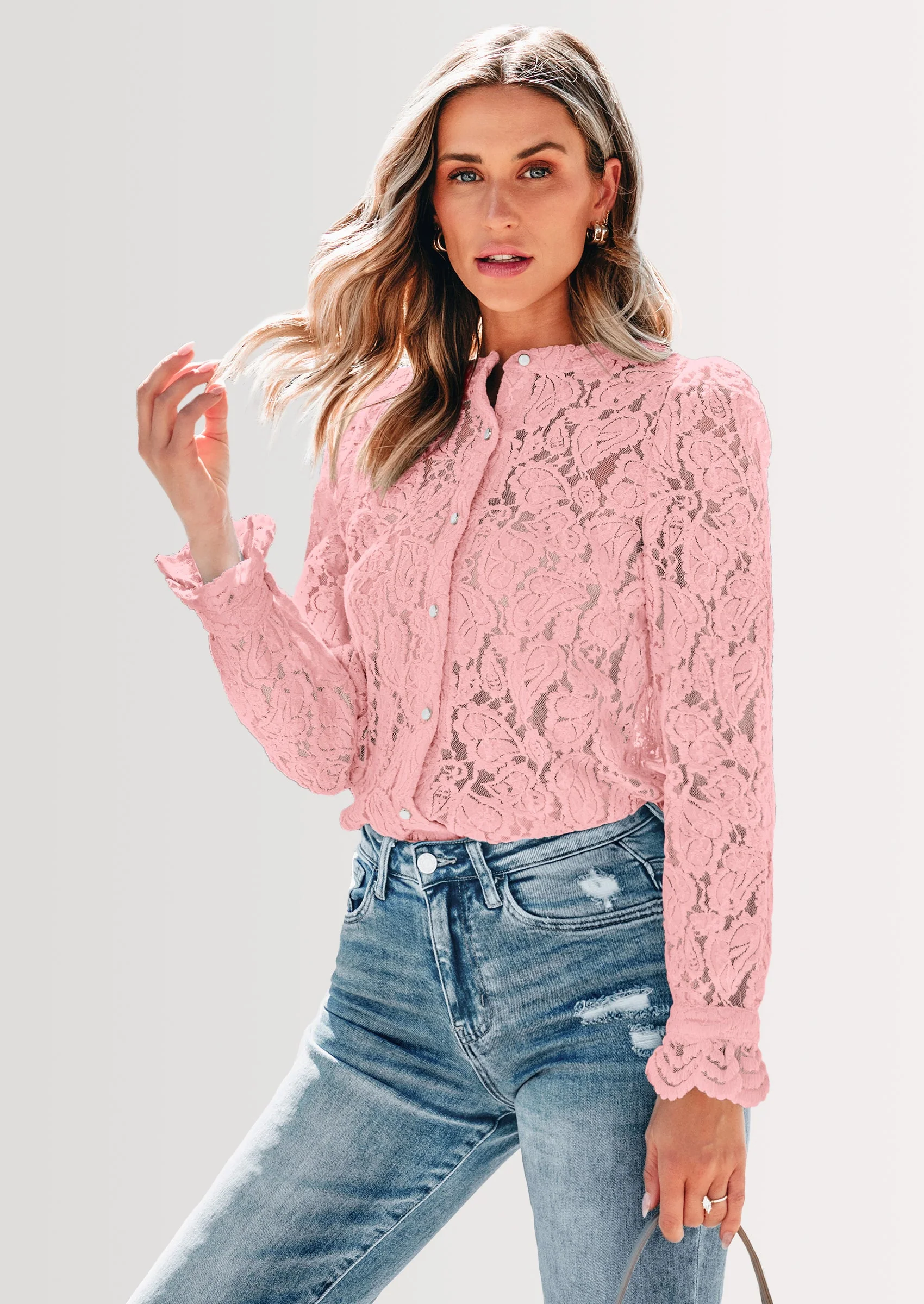 PRETTYGARDEN Women's Dressy Casual Lace Blouse Long Sleeve Button Up Shirts Tops Spring Fall Fashion Clothes - Image 17