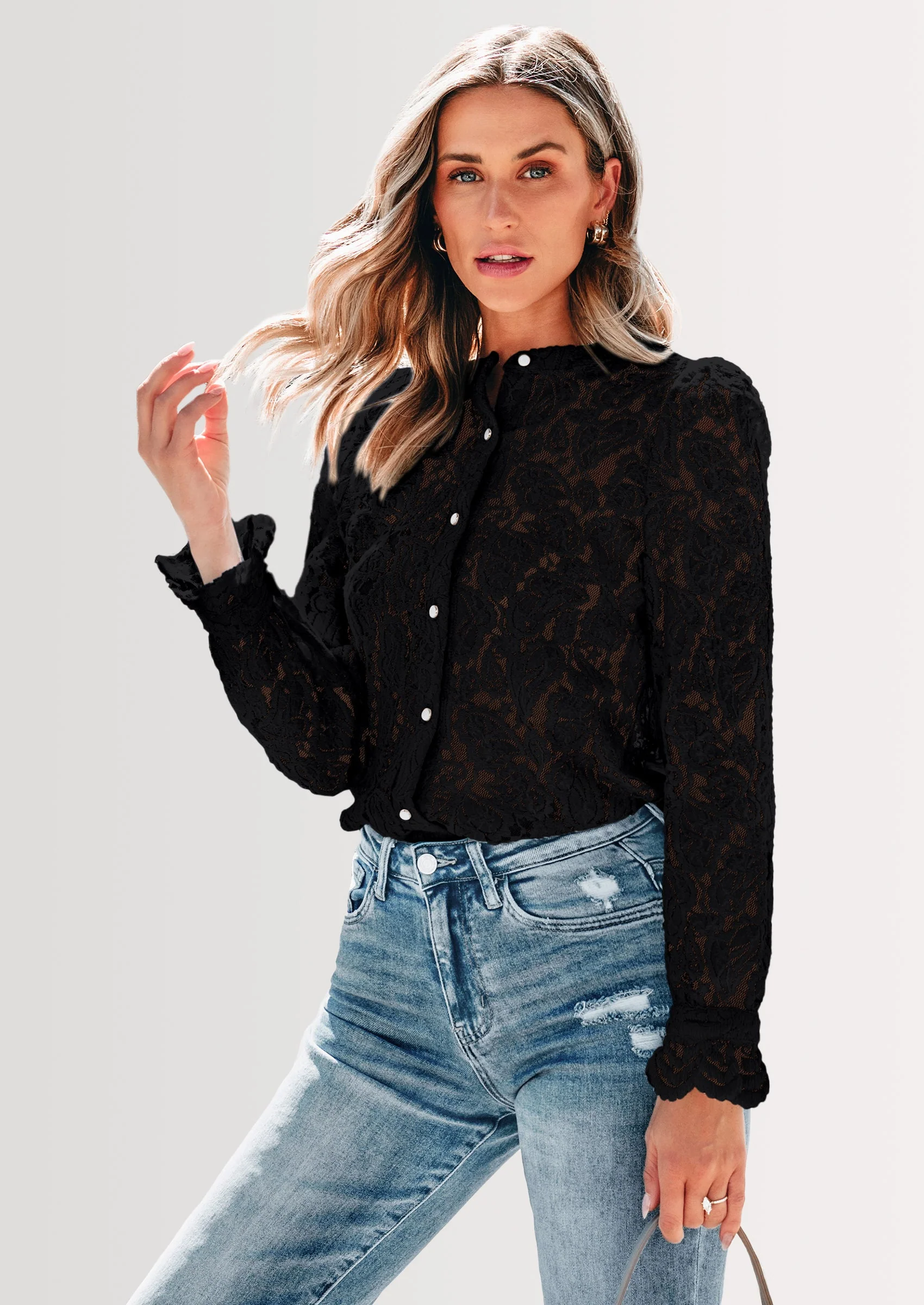 PRETTYGARDEN Women's Dressy Casual Lace Blouse Long Sleeve Button Up Shirts Tops Spring Fall Fashion Clothes - Image 24