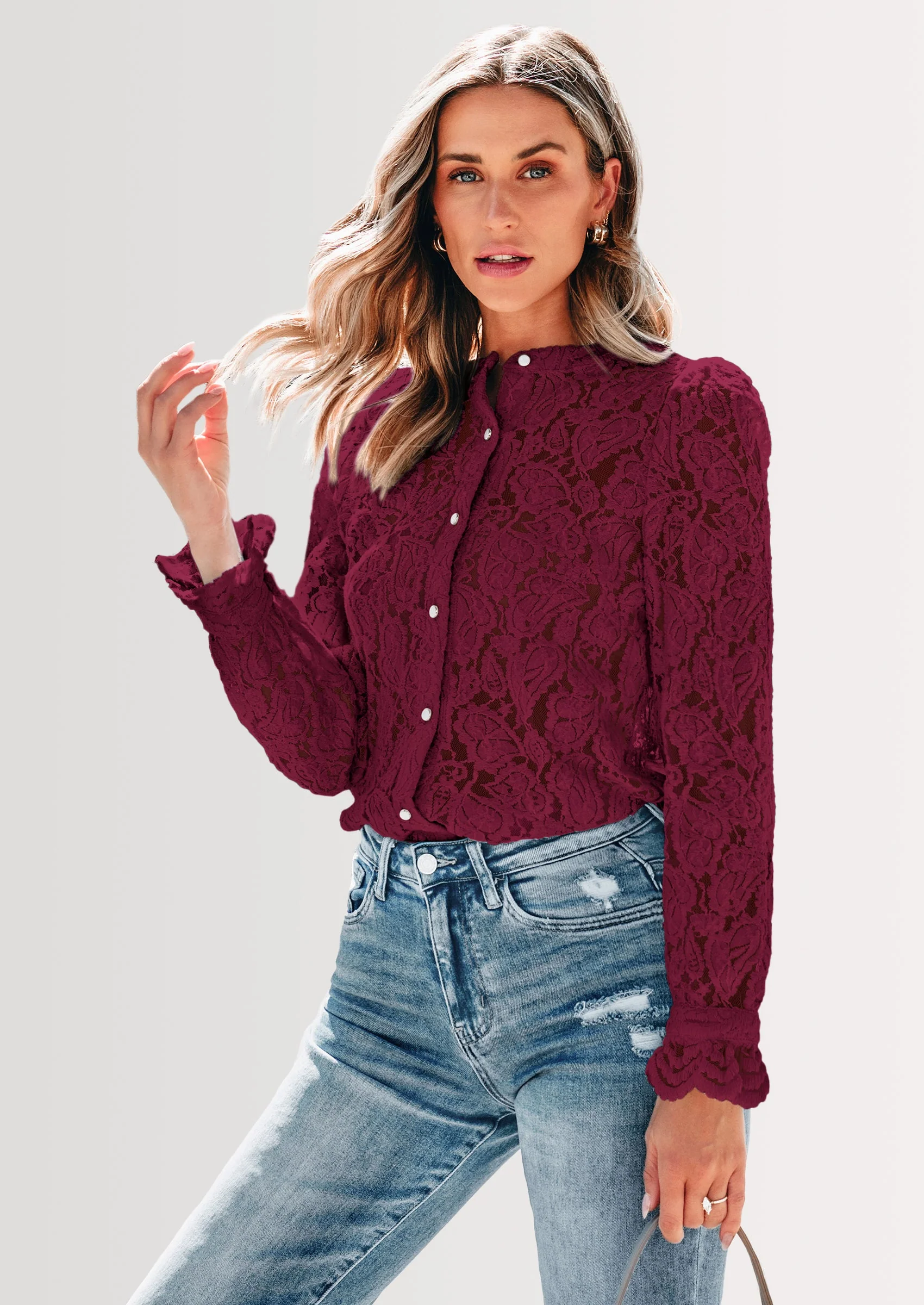 PRETTYGARDEN Women's Dressy Casual Lace Blouse Long Sleeve Button Up Shirts Tops Spring Fall Fashion Clothes - Image 31