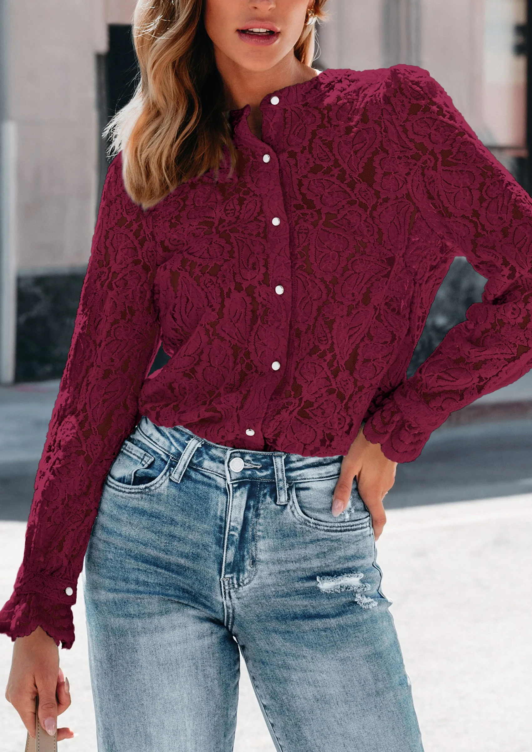 PRETTYGARDEN Women's Dressy Casual Lace Blouse Long Sleeve Button Up Shirts Tops Spring Fall Fashion Clothes - Image 34