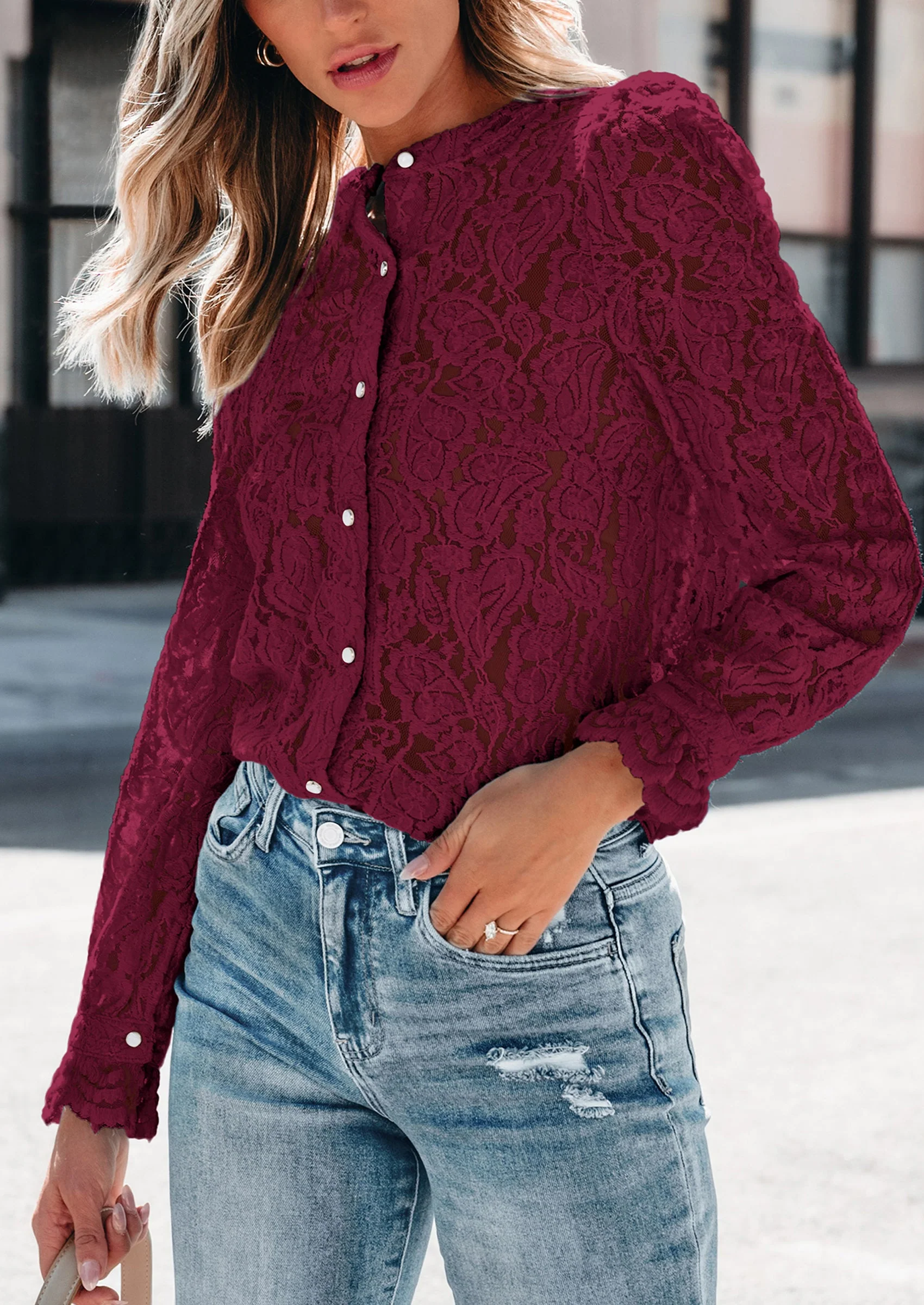 PRETTYGARDEN Women's Dressy Casual Lace Blouse Long Sleeve Button Up Shirts Tops Spring Fall Fashion Clothes - Image 35