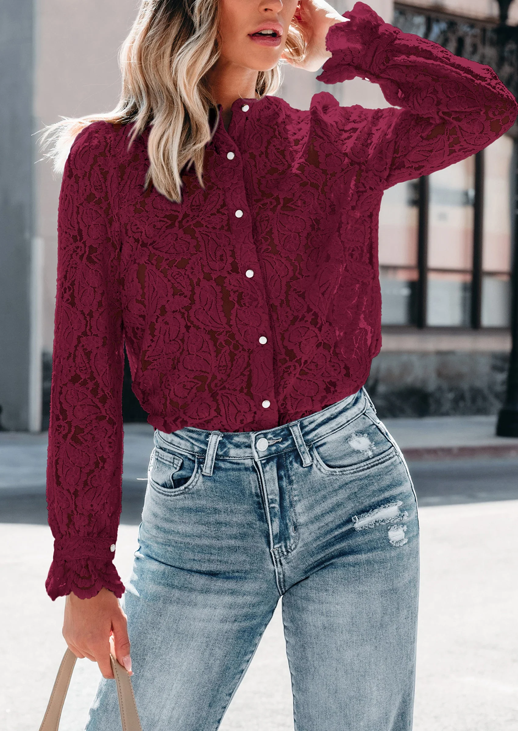 PRETTYGARDEN Women's Dressy Casual Lace Blouse Long Sleeve Button Up Shirts Tops Spring Fall Fashion Clothes - Image 36