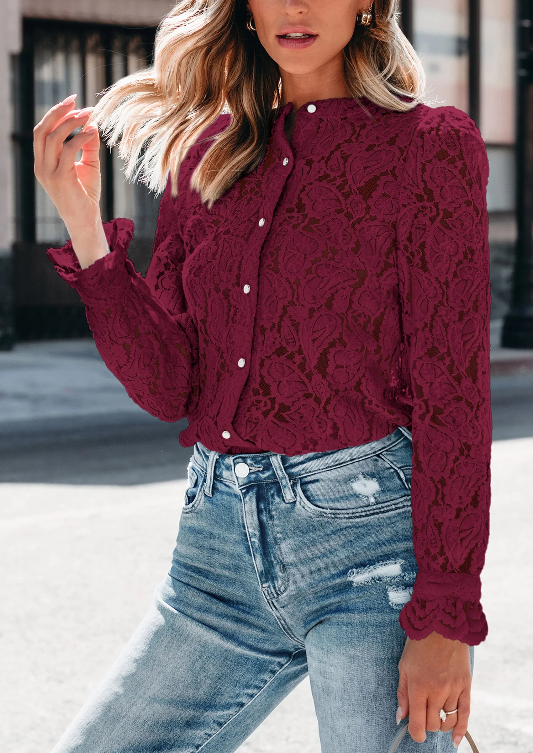 PRETTYGARDEN Women's Dressy Casual Lace Blouse Long Sleeve Button Up Shirts Tops Spring Fall Fashion Clothes - Image 37
