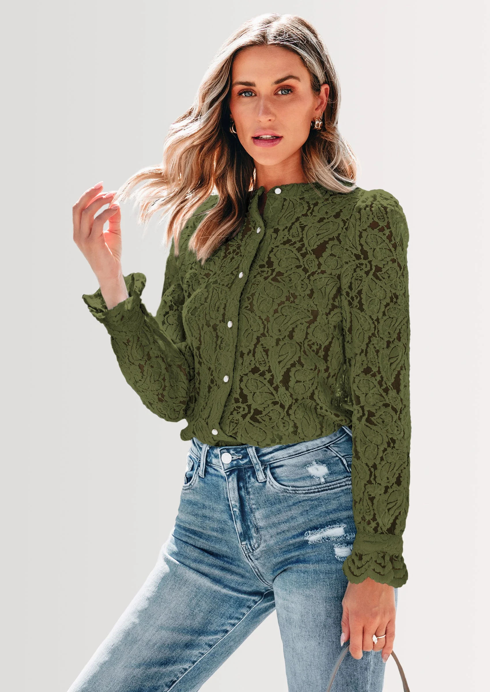 PRETTYGARDEN Women's Dressy Casual Lace Blouse Long Sleeve Button Up Shirts Tops Spring Fall Fashion Clothes - Image 38