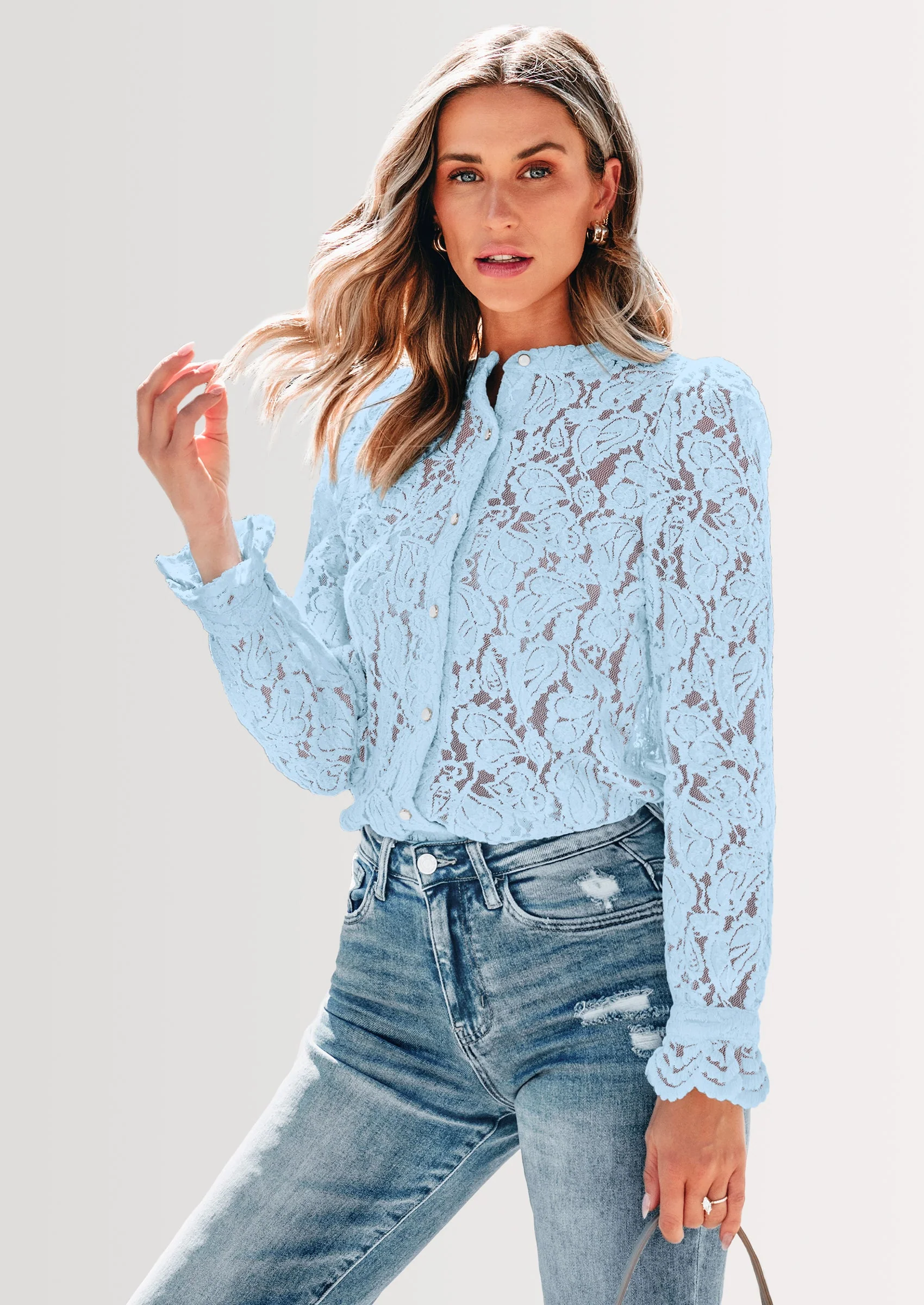 PRETTYGARDEN Women's Dressy Casual Lace Blouse Long Sleeve Button Up Shirts Tops Spring Fall Fashion Clothes - Image 45