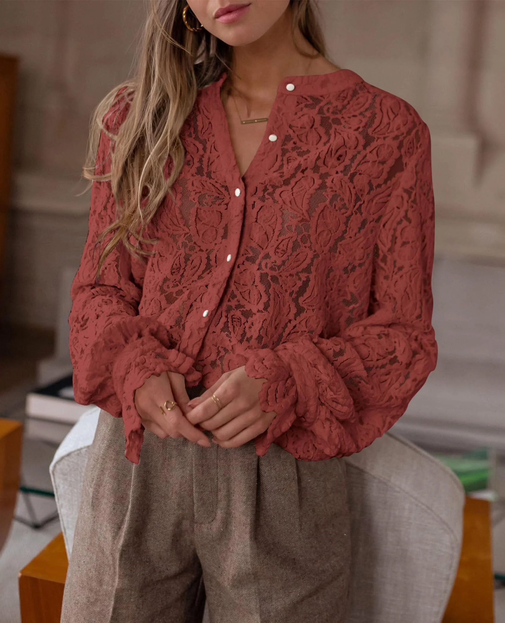 PRETTYGARDEN Women's Dressy Casual Lace Blouse Long Sleeve Button Up Shirts Tops Spring Fall Fashion Clothes - Image 54