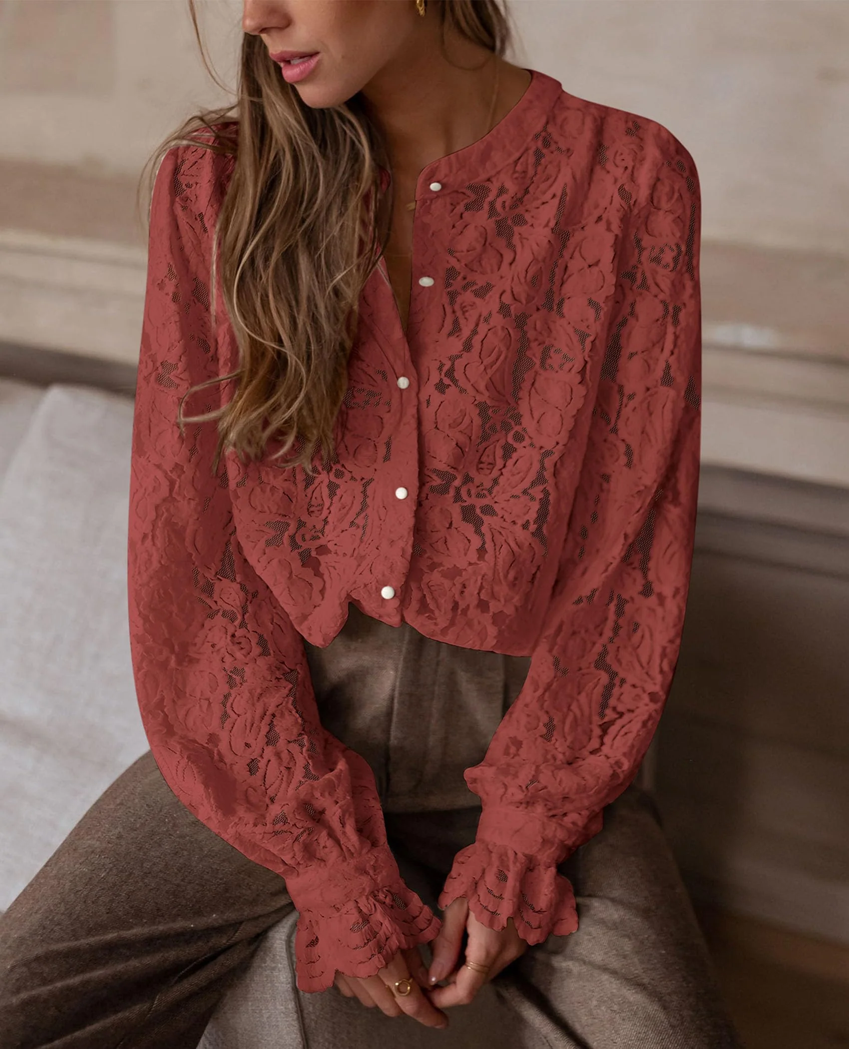 PRETTYGARDEN Women's Dressy Casual Lace Blouse Long Sleeve Button Up Shirts Tops Spring Fall Fashion Clothes - Image 55