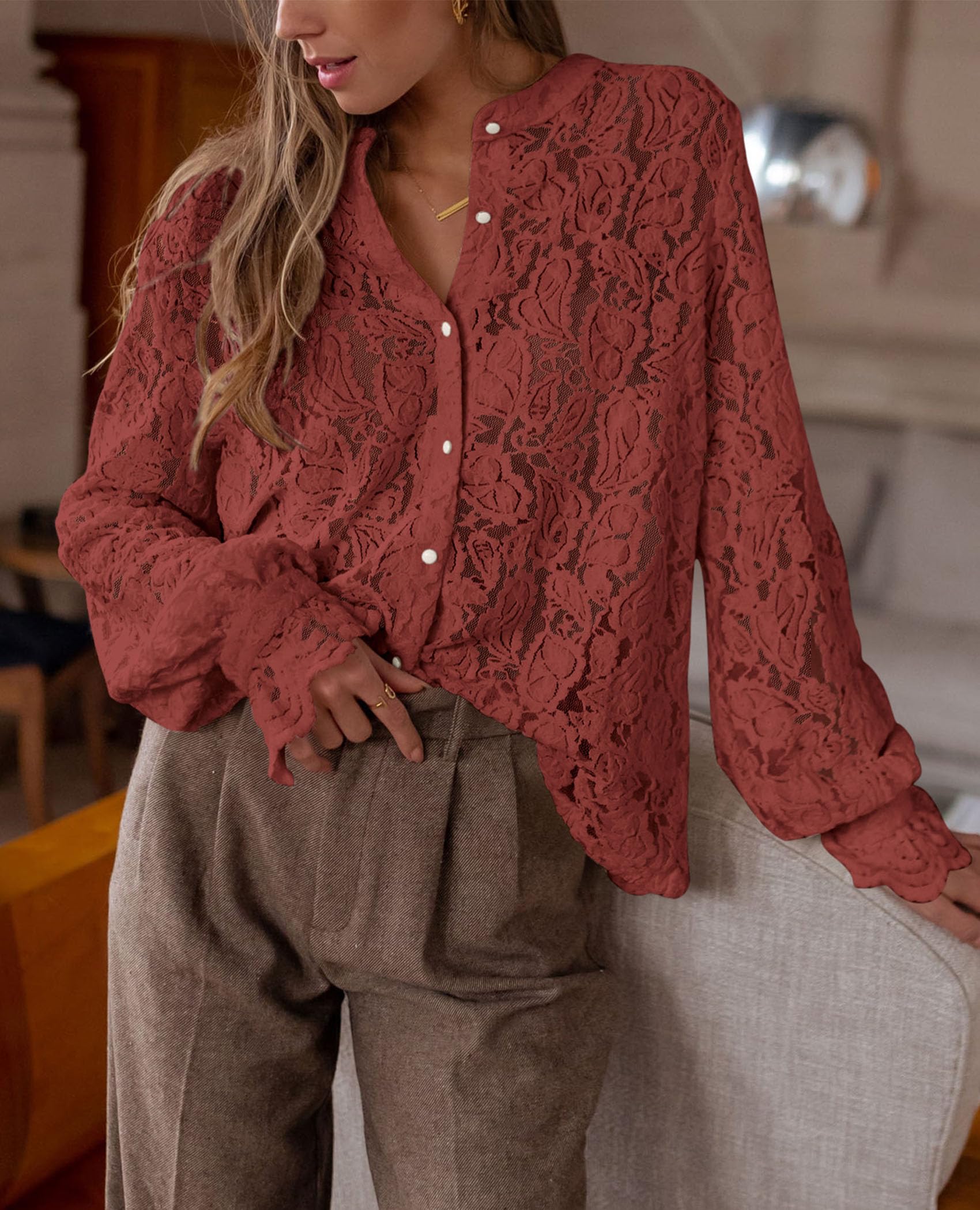 PRETTYGARDEN Women's Dressy Casual Lace Blouse Long Sleeve Button Up Shirts Tops Spring Fall Fashion Clothes - Image 56