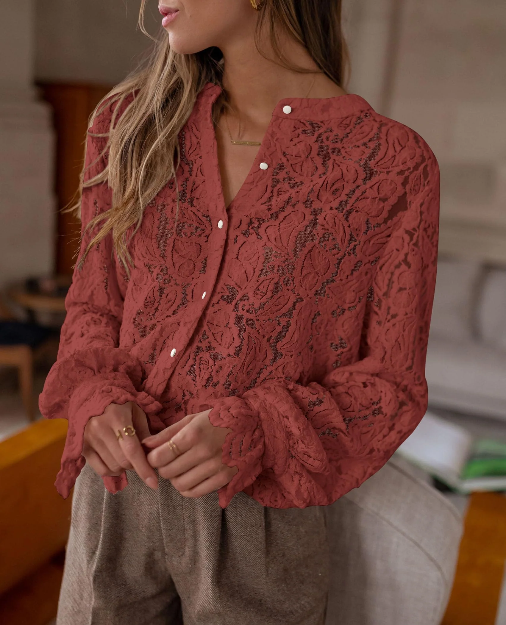 PRETTYGARDEN Women's Dressy Casual Lace Blouse Long Sleeve Button Up Shirts Tops Spring Fall Fashion Clothes - Image 57