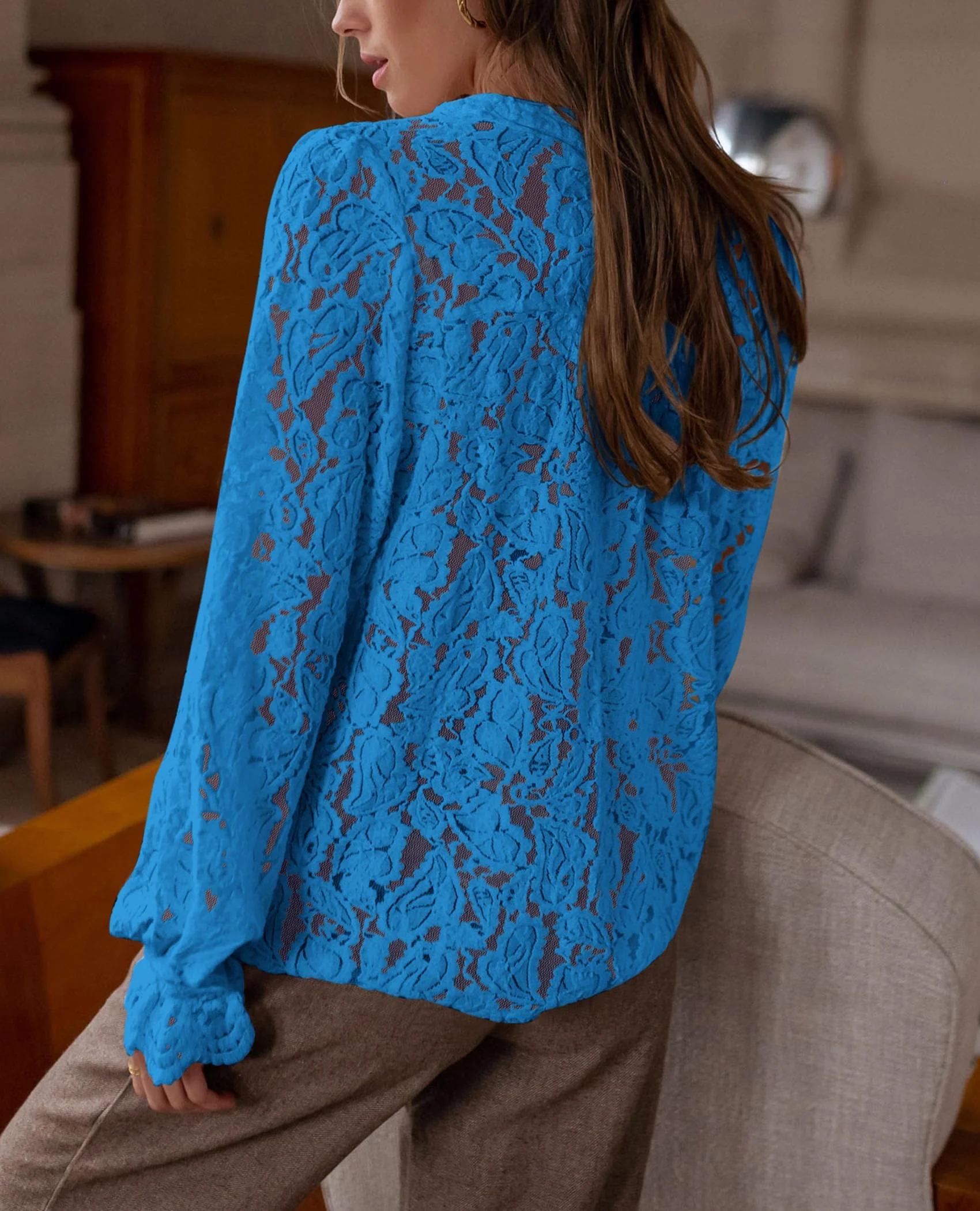 PRETTYGARDEN Women's Dressy Casual Lace Blouse Long Sleeve Button Up Shirts Tops Spring Fall Fashion Clothes - Image 60