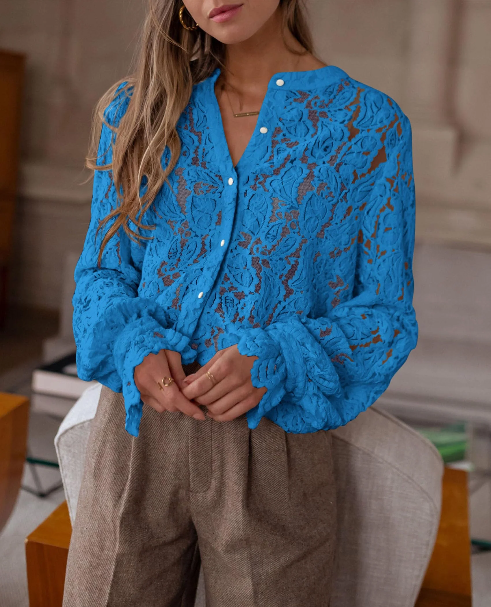 PRETTYGARDEN Women's Dressy Casual Lace Blouse Long Sleeve Button Up Shirts Tops Spring Fall Fashion Clothes - Image 61