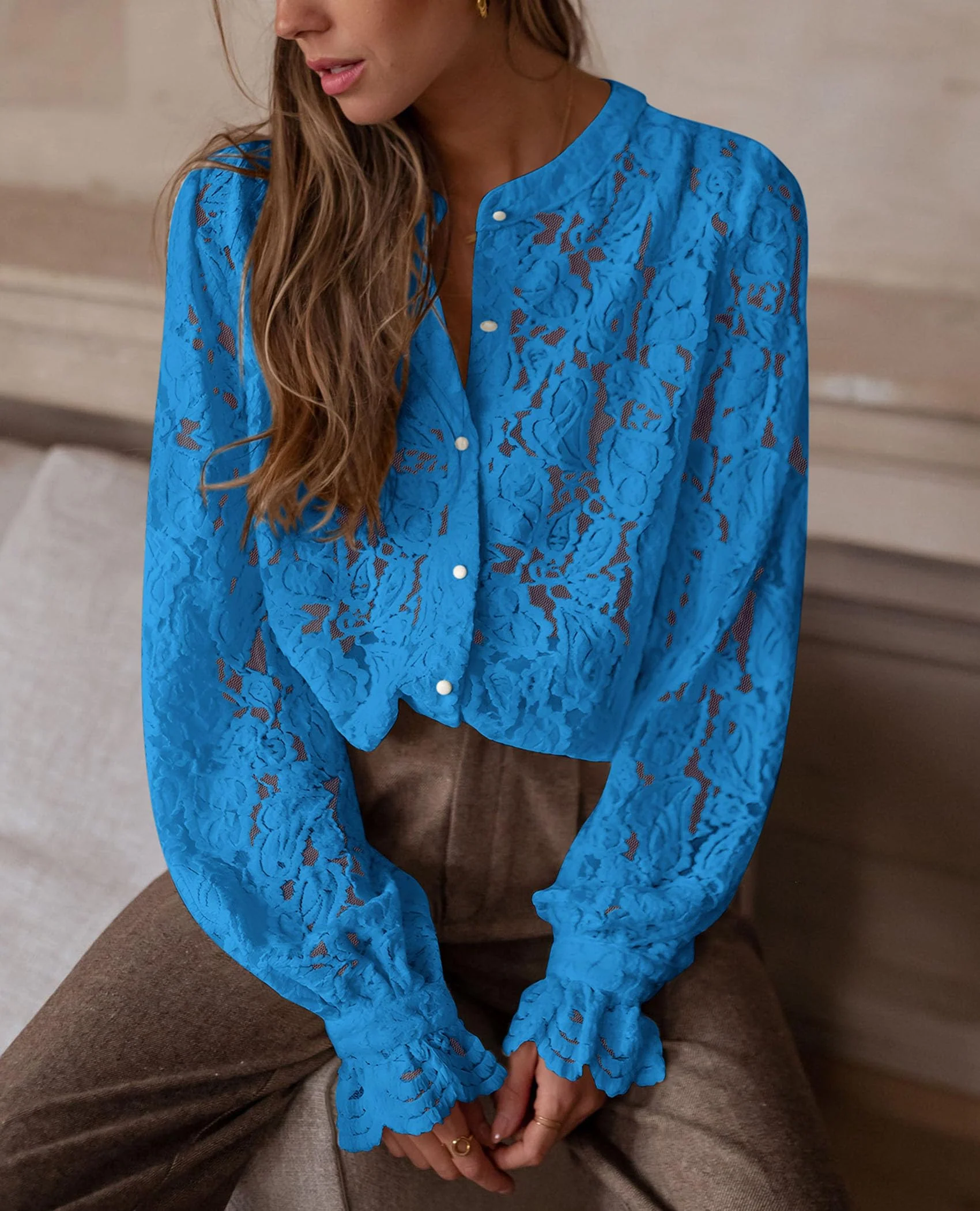 PRETTYGARDEN Women's Dressy Casual Lace Blouse Long Sleeve Button Up Shirts Tops Spring Fall Fashion Clothes - Image 62