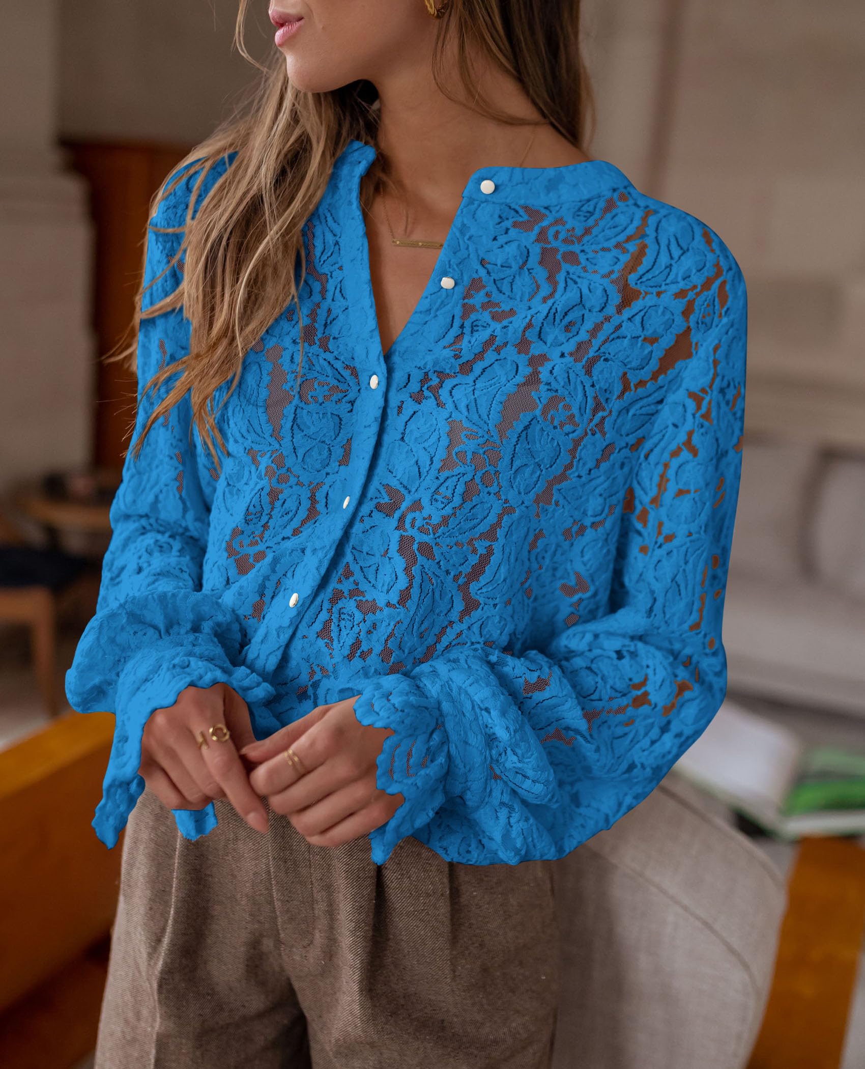 PRETTYGARDEN Women's Dressy Casual Lace Blouse Long Sleeve Button Up Shirts Tops Spring Fall Fashion Clothes - Image 64