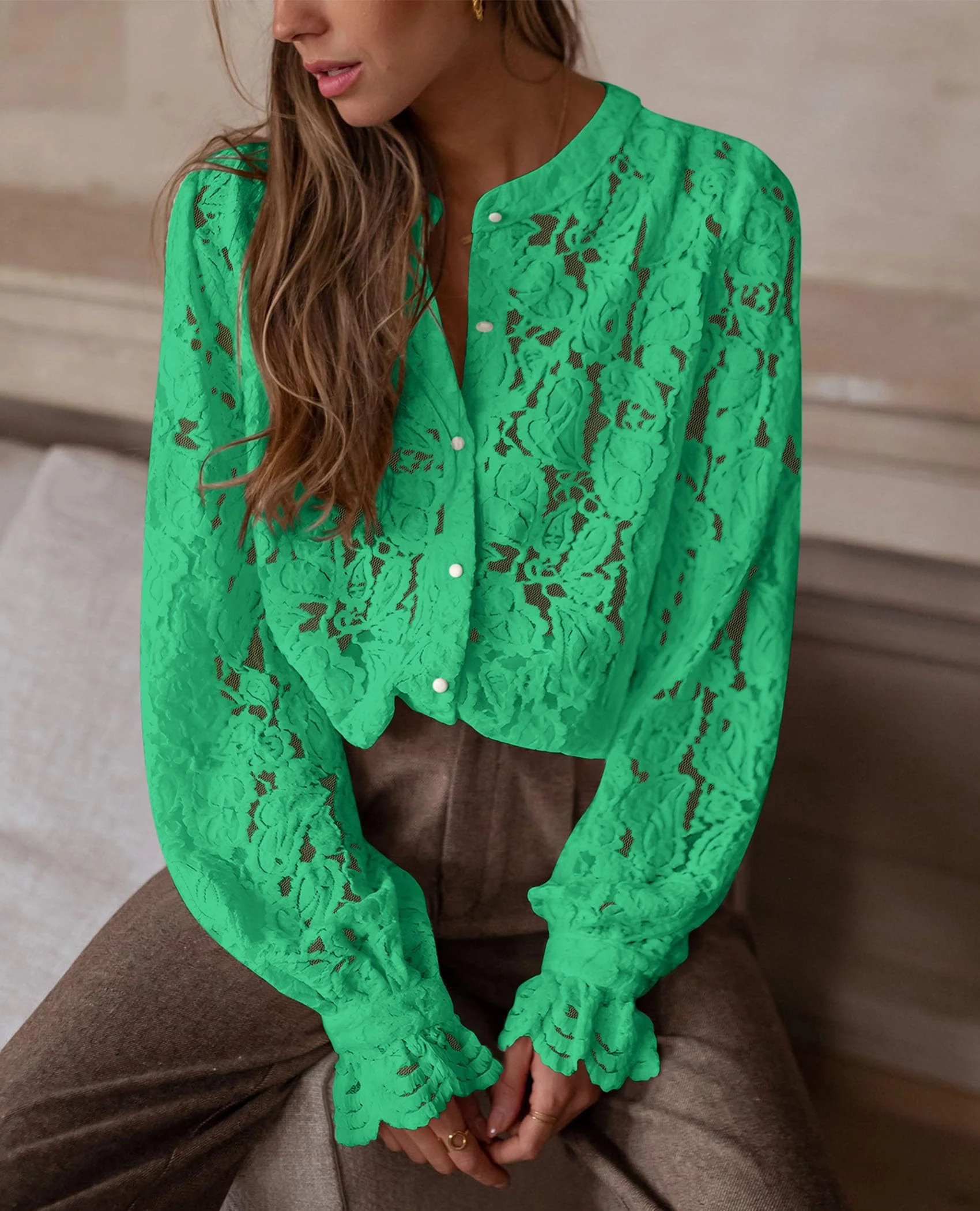 PRETTYGARDEN Women's Dressy Casual Lace Blouse Long Sleeve Button Up Shirts Tops Spring Fall Fashion Clothes - Image 69