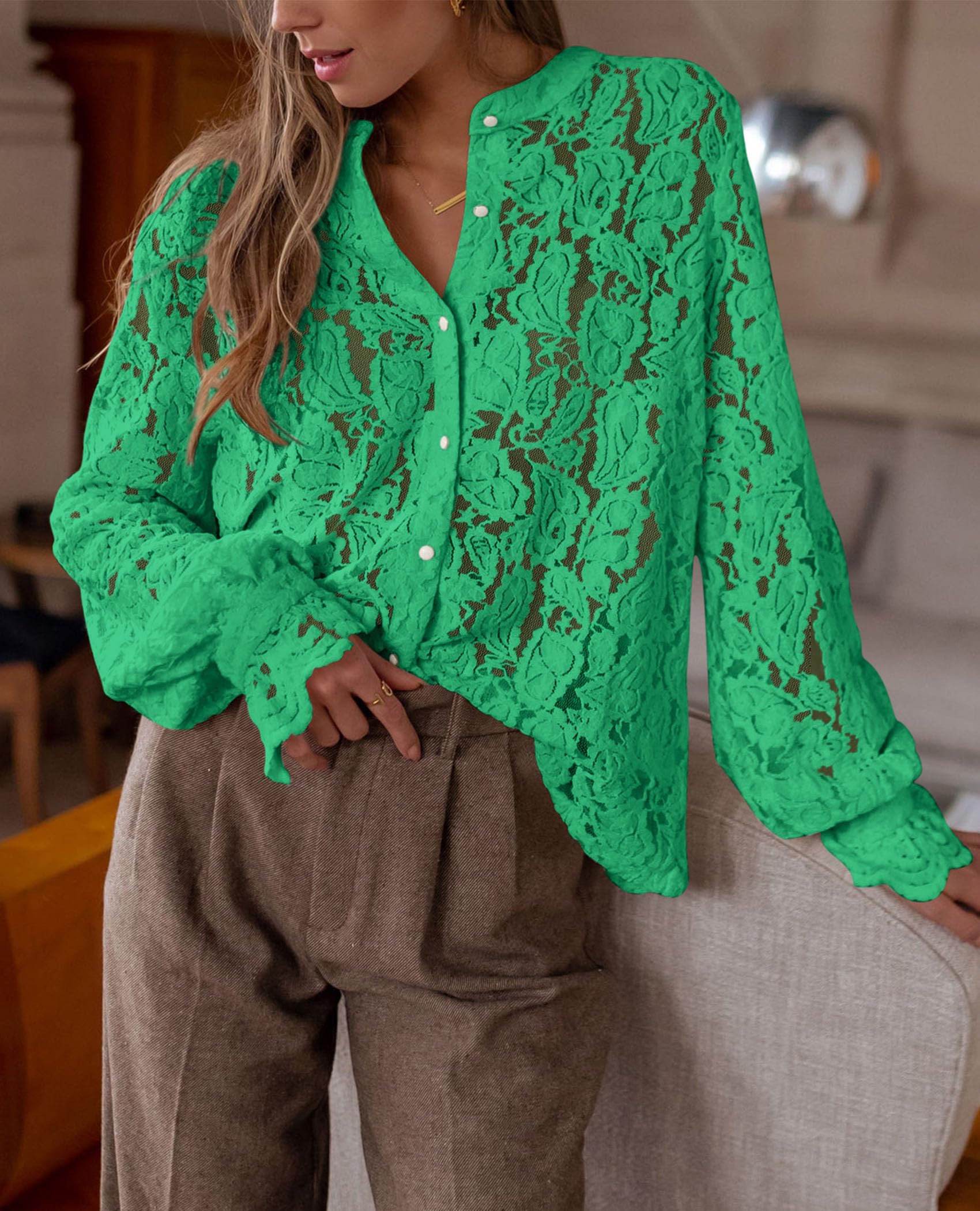 PRETTYGARDEN Women's Dressy Casual Lace Blouse Long Sleeve Button Up Shirts Tops Spring Fall Fashion Clothes - Image 70