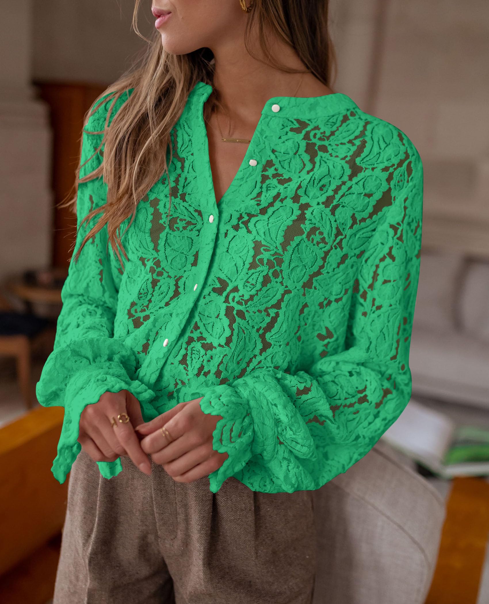 PRETTYGARDEN Women's Dressy Casual Lace Blouse Long Sleeve Button Up Shirts Tops Spring Fall Fashion Clothes - Image 71