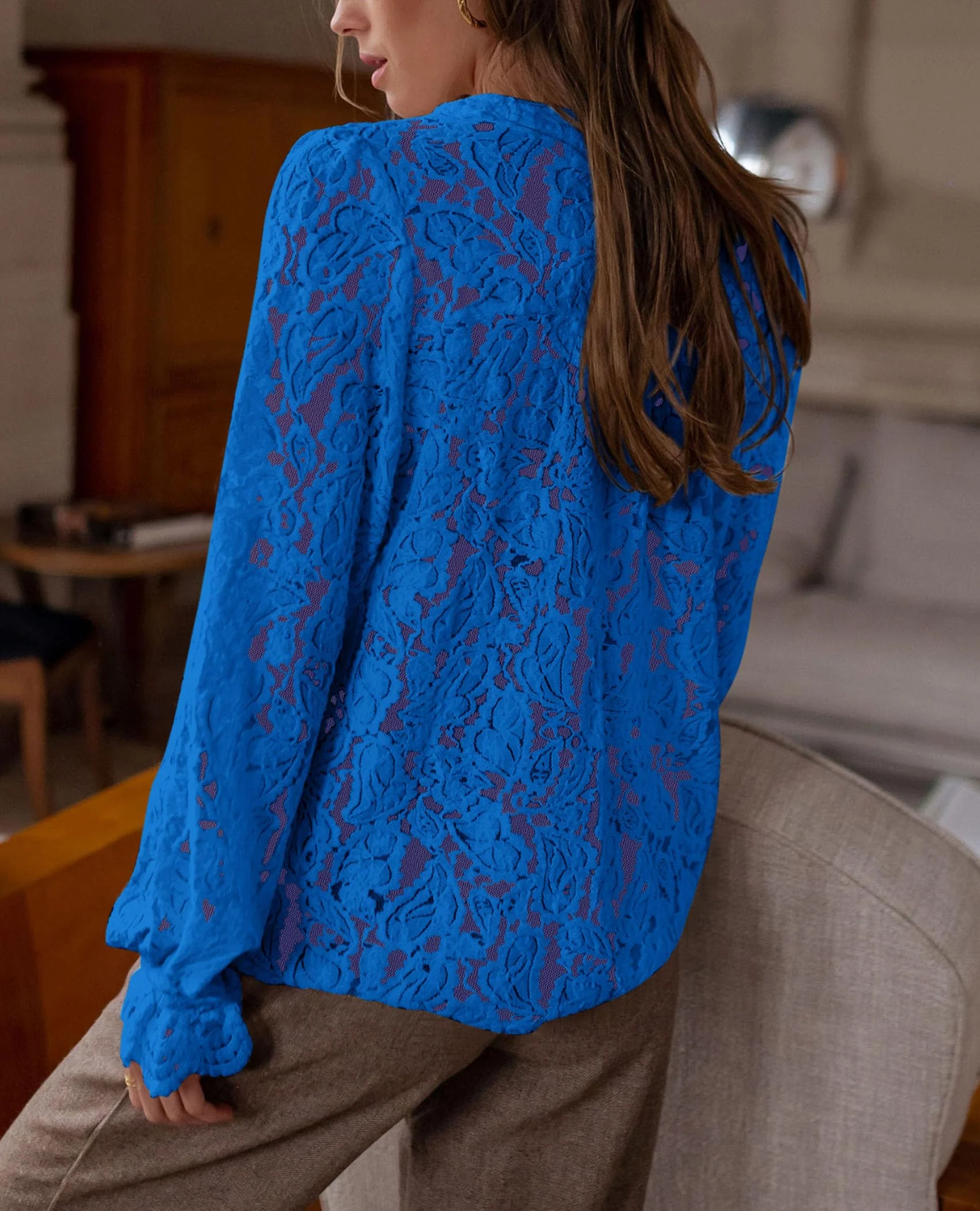 PRETTYGARDEN Women's Dressy Casual Lace Blouse Long Sleeve Button Up Shirts Tops Spring Fall Fashion Clothes - Image 74