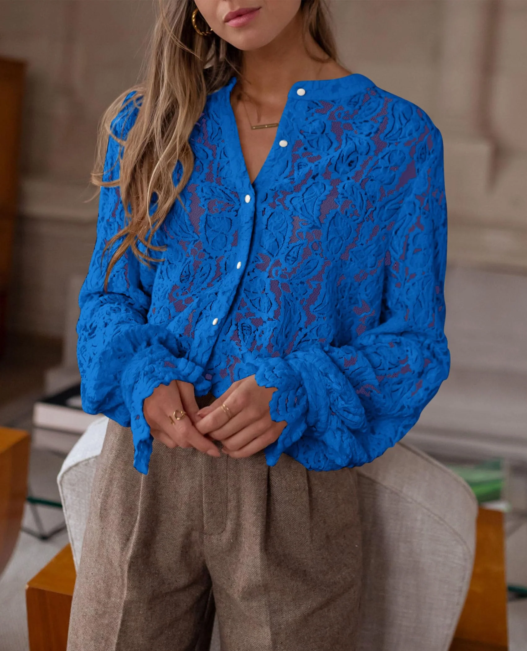 PRETTYGARDEN Women's Dressy Casual Lace Blouse Long Sleeve Button Up Shirts Tops Spring Fall Fashion Clothes - Image 75