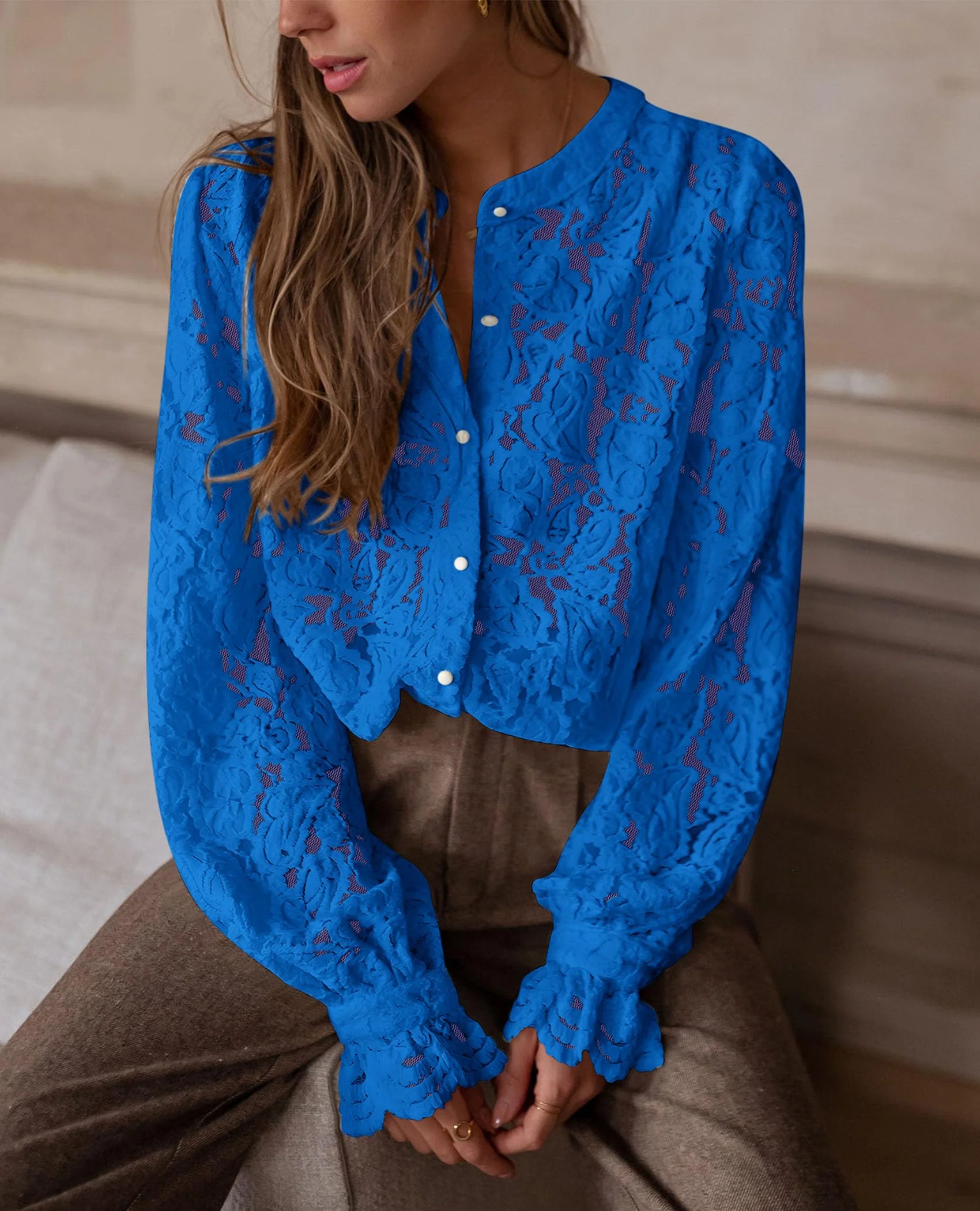 PRETTYGARDEN Women's Dressy Casual Lace Blouse Long Sleeve Button Up Shirts Tops Spring Fall Fashion Clothes - Image 76