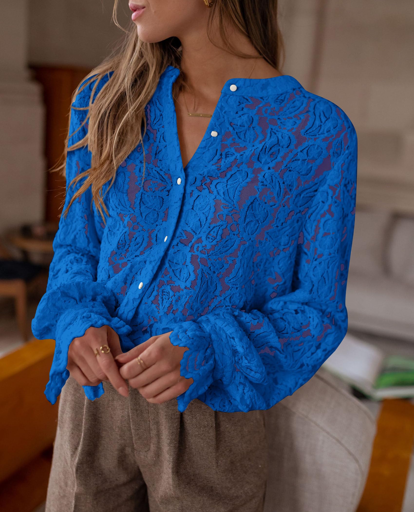 PRETTYGARDEN Women's Dressy Casual Lace Blouse Long Sleeve Button Up Shirts Tops Spring Fall Fashion Clothes - Image 78