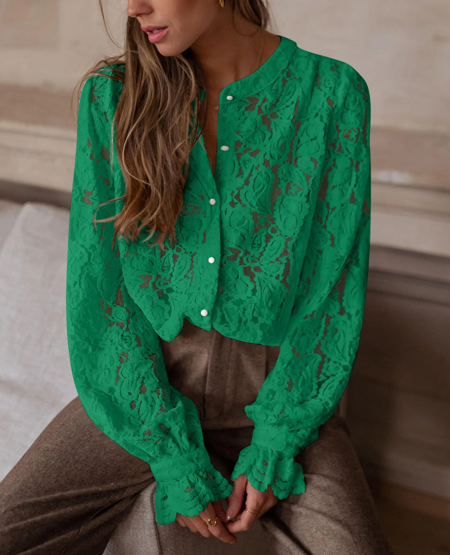 PRETTYGARDEN Women's Dressy Casual Lace Blouse Long Sleeve Button Up Shirts Tops Spring Fall Fashion Clothes - Image 90