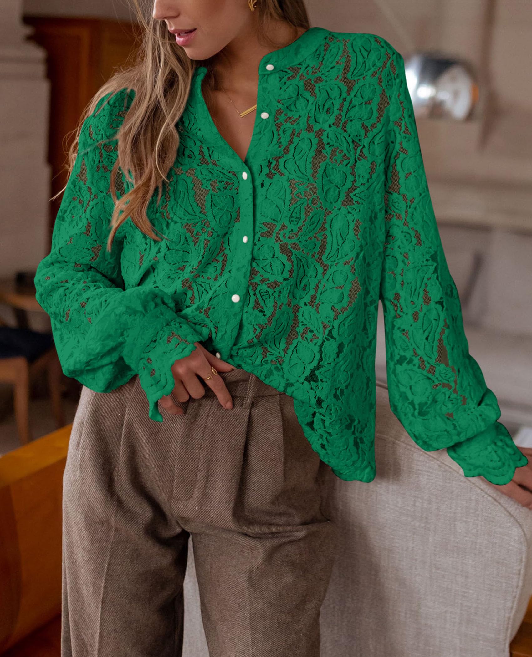 PRETTYGARDEN Women's Dressy Casual Lace Blouse Long Sleeve Button Up Shirts Tops Spring Fall Fashion Clothes - Image 91