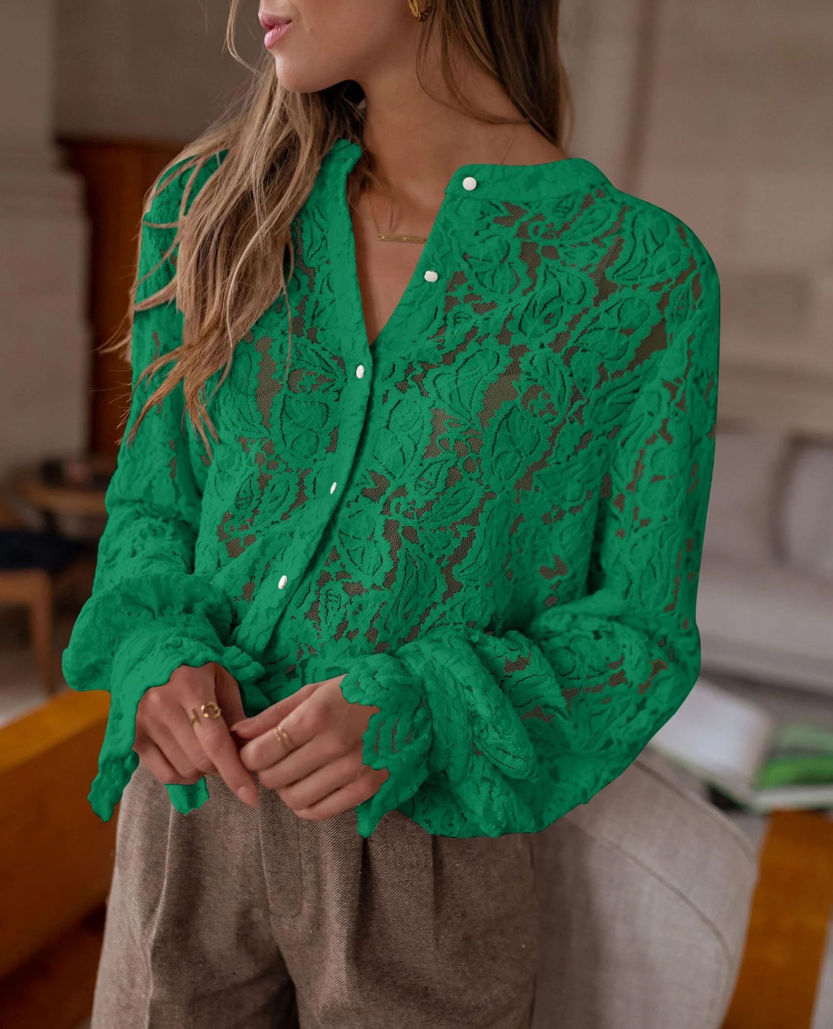 PRETTYGARDEN Women's Dressy Casual Lace Blouse Long Sleeve Button Up Shirts Tops Spring Fall Fashion Clothes - Image 92