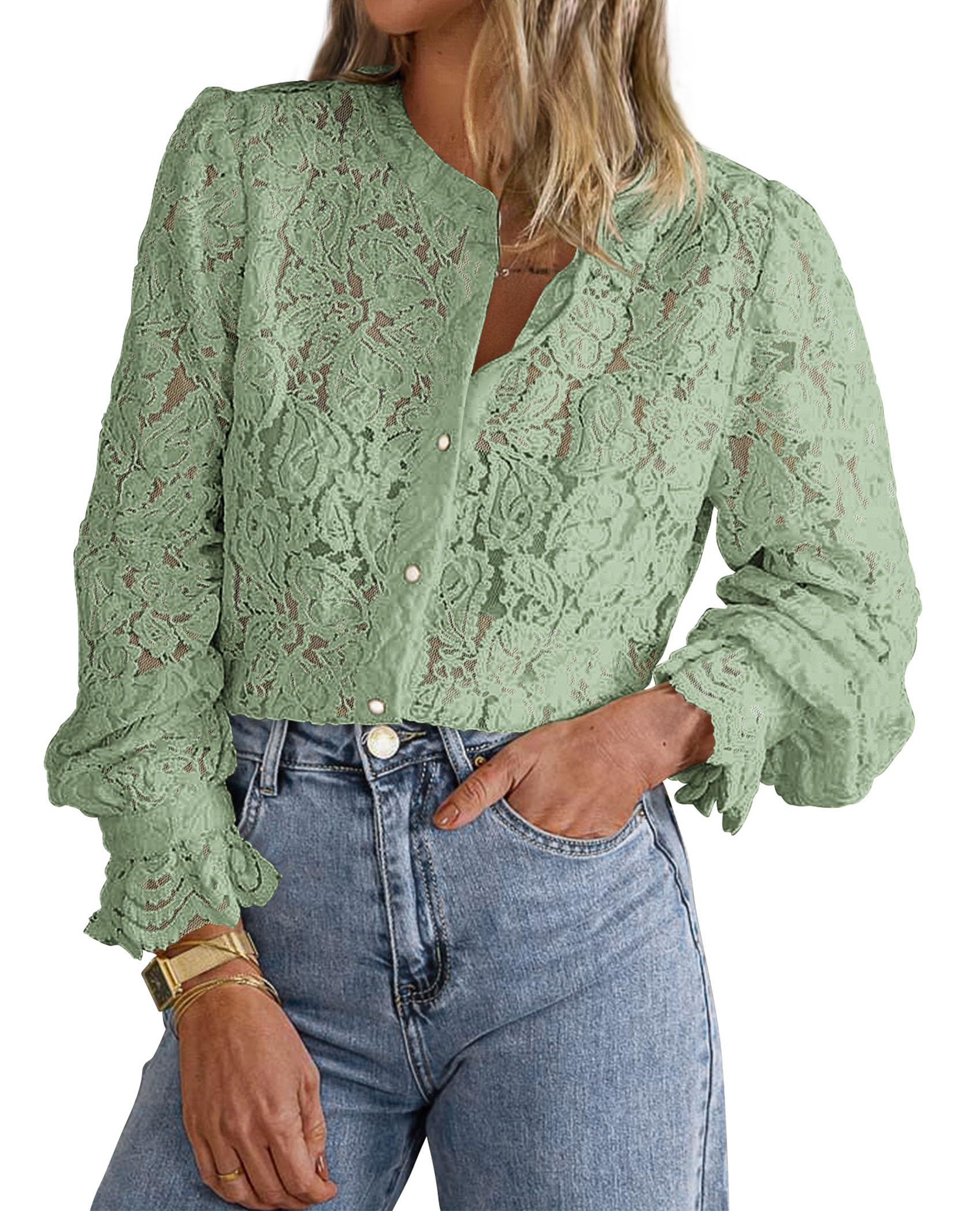 PRETTYGARDEN Women's Dressy Casual Lace Blouse Long Sleeve Button Up Shirts Tops Spring Fall Fashion Clothes - Image 94