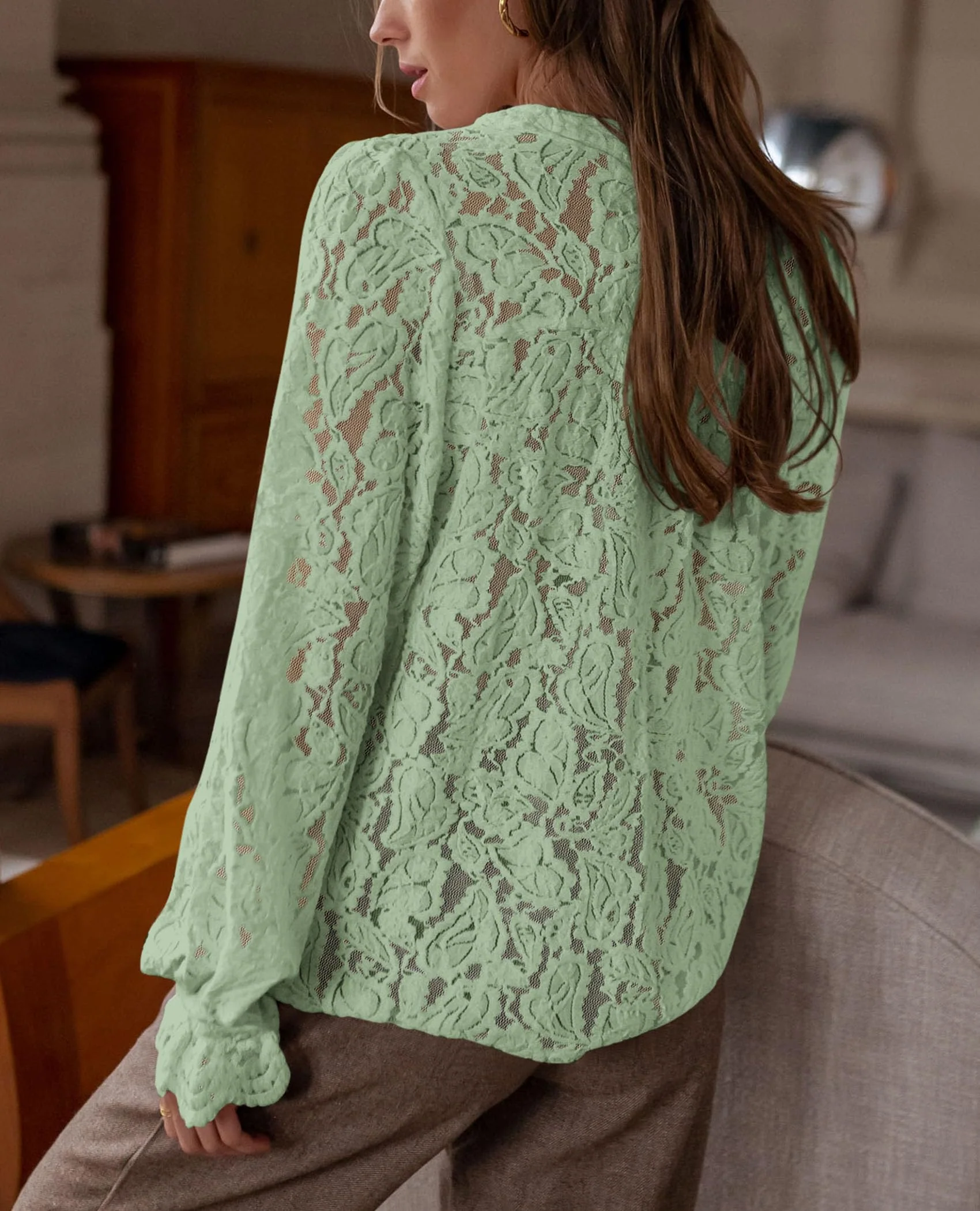 PRETTYGARDEN Women's Dressy Casual Lace Blouse Long Sleeve Button Up Shirts Tops Spring Fall Fashion Clothes - Image 95