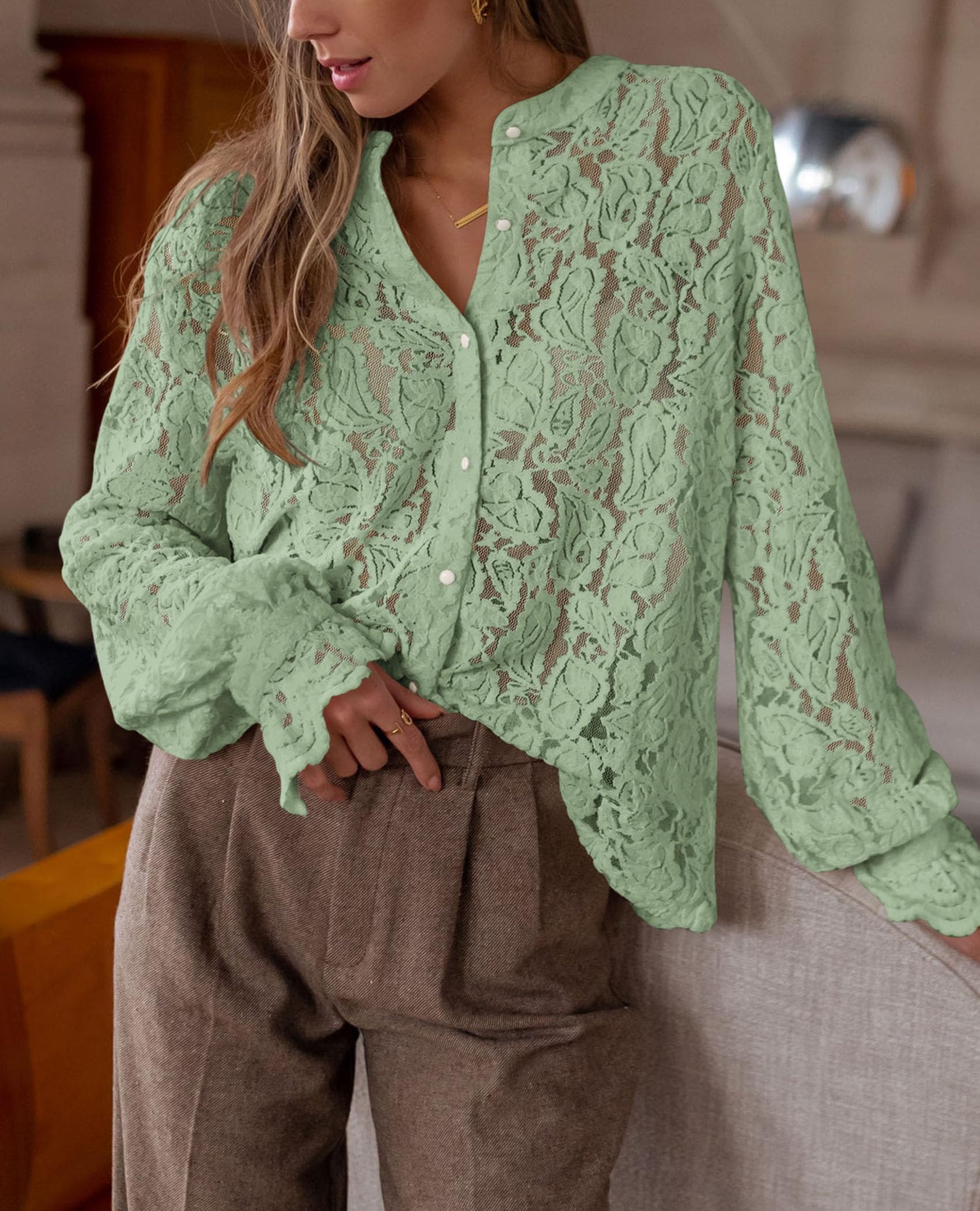 PRETTYGARDEN Women's Dressy Casual Lace Blouse Long Sleeve Button Up Shirts Tops Spring Fall Fashion Clothes - Image 96