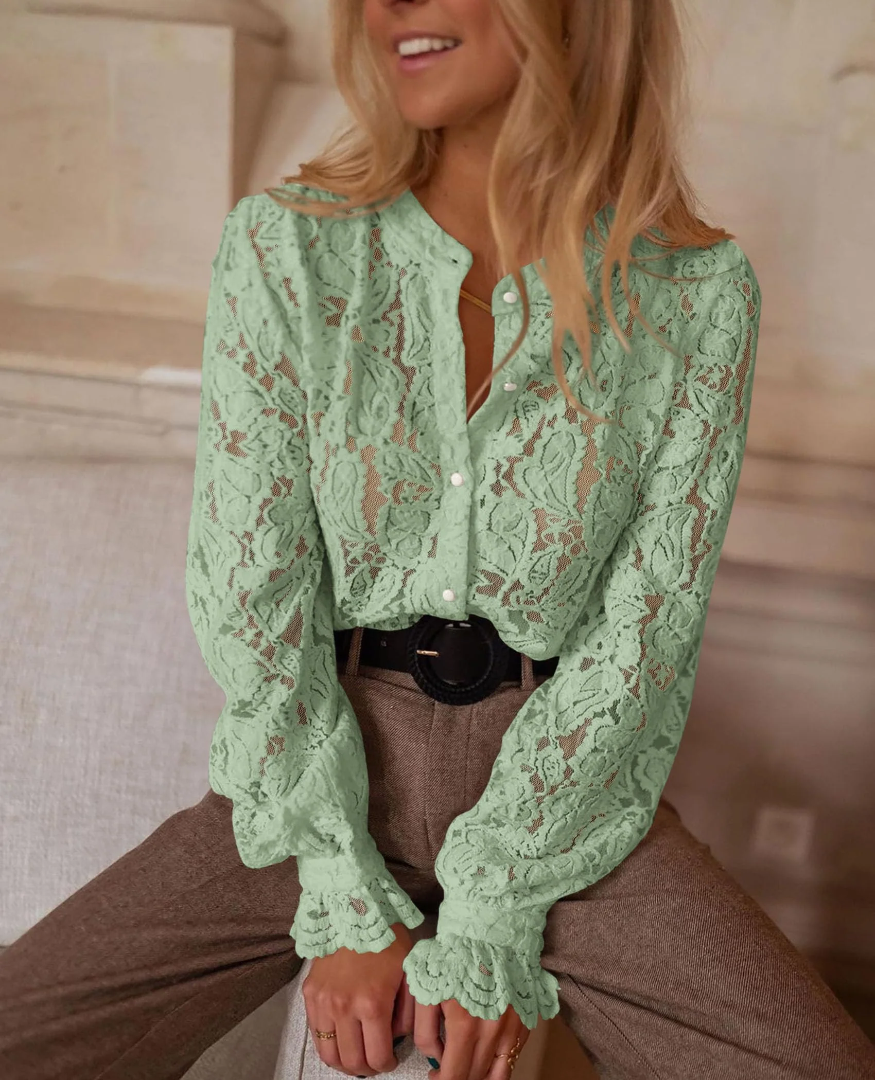 PRETTYGARDEN Women's Dressy Casual Lace Blouse Long Sleeve Button Up Shirts Tops Spring Fall Fashion Clothes - Image 99