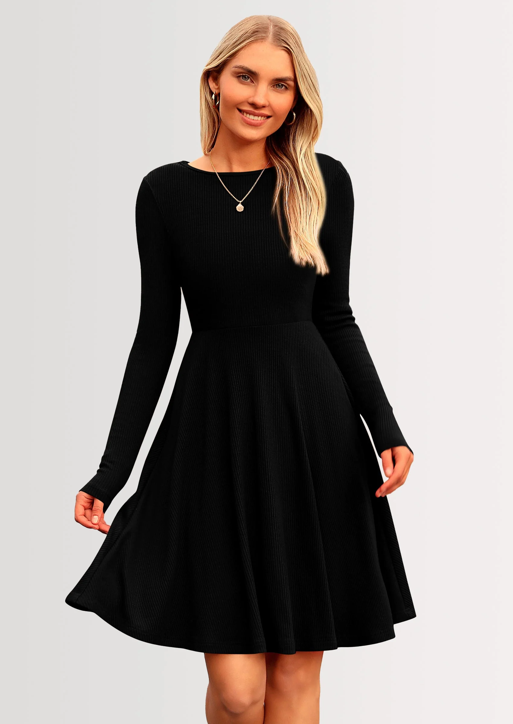 PRETTYGARDEN Women's Spring Fall Short Dress Ribbed Knit Crewneck Long Sleeve A Line Flowy Casual Elegant Going Out Dresses - Image 10