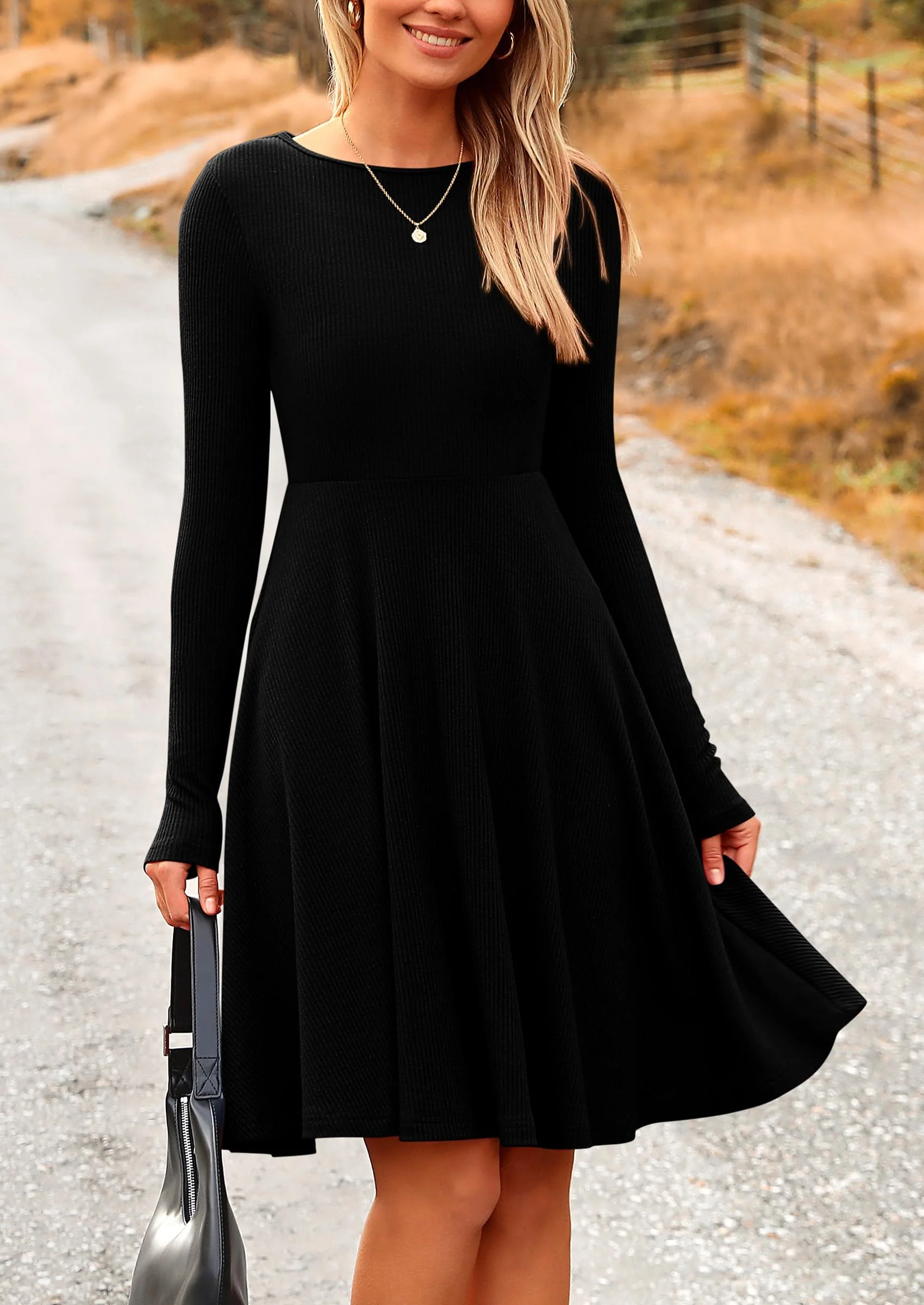 PRETTYGARDEN Women's Spring Fall Short Dress Ribbed Knit Crewneck Long Sleeve A Line Flowy Casual Elegant Going Out Dresses - Image 12