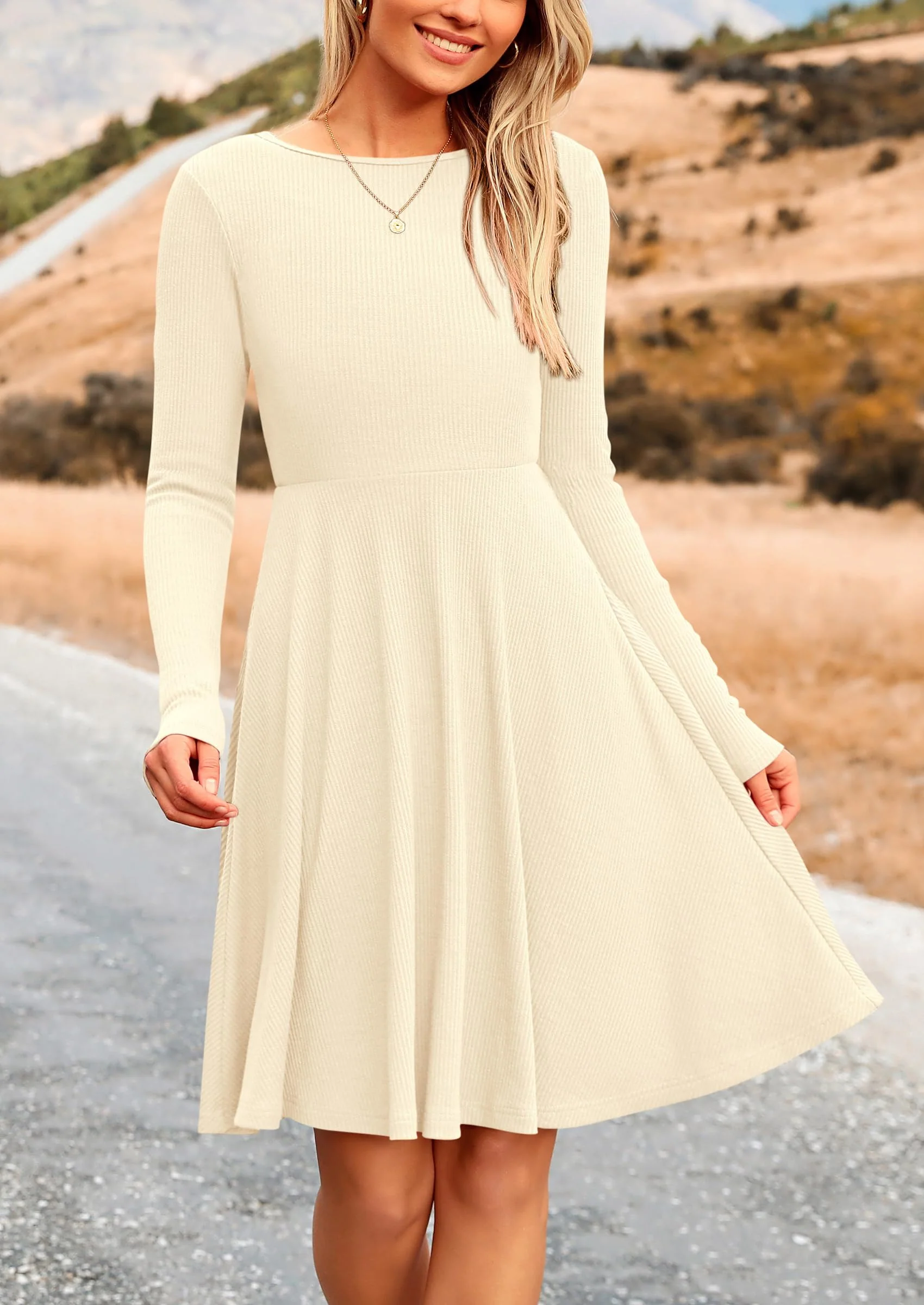 PRETTYGARDEN Women's Spring Fall Short Dress Ribbed Knit Crewneck Long Sleeve A Line Flowy Casual Elegant Going Out Dresses - Image 3