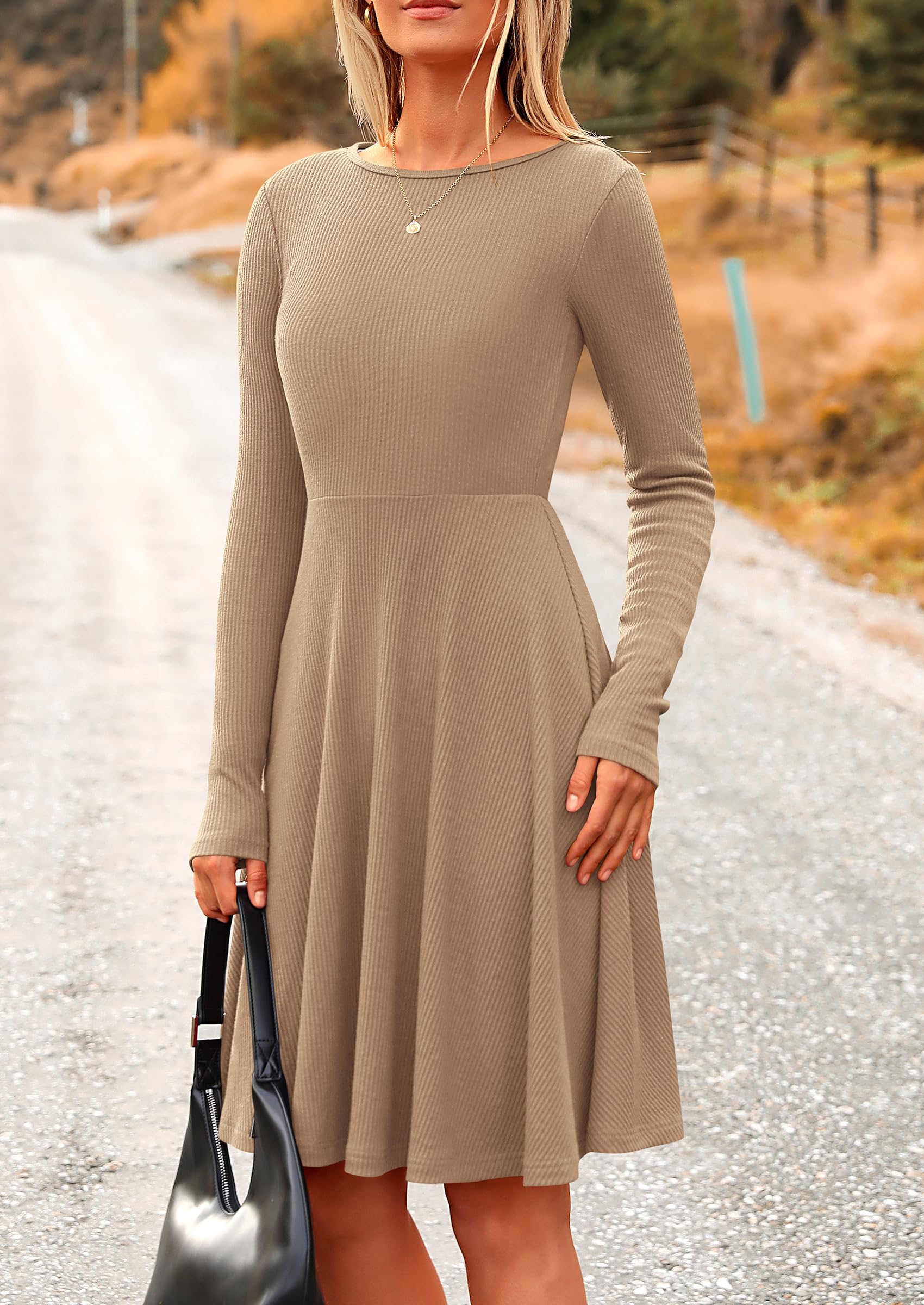 PRETTYGARDEN Women's Spring Fall Short Dress Ribbed Knit Crewneck Long Sleeve A Line Flowy Casual Elegant Going Out Dresses - Image 48