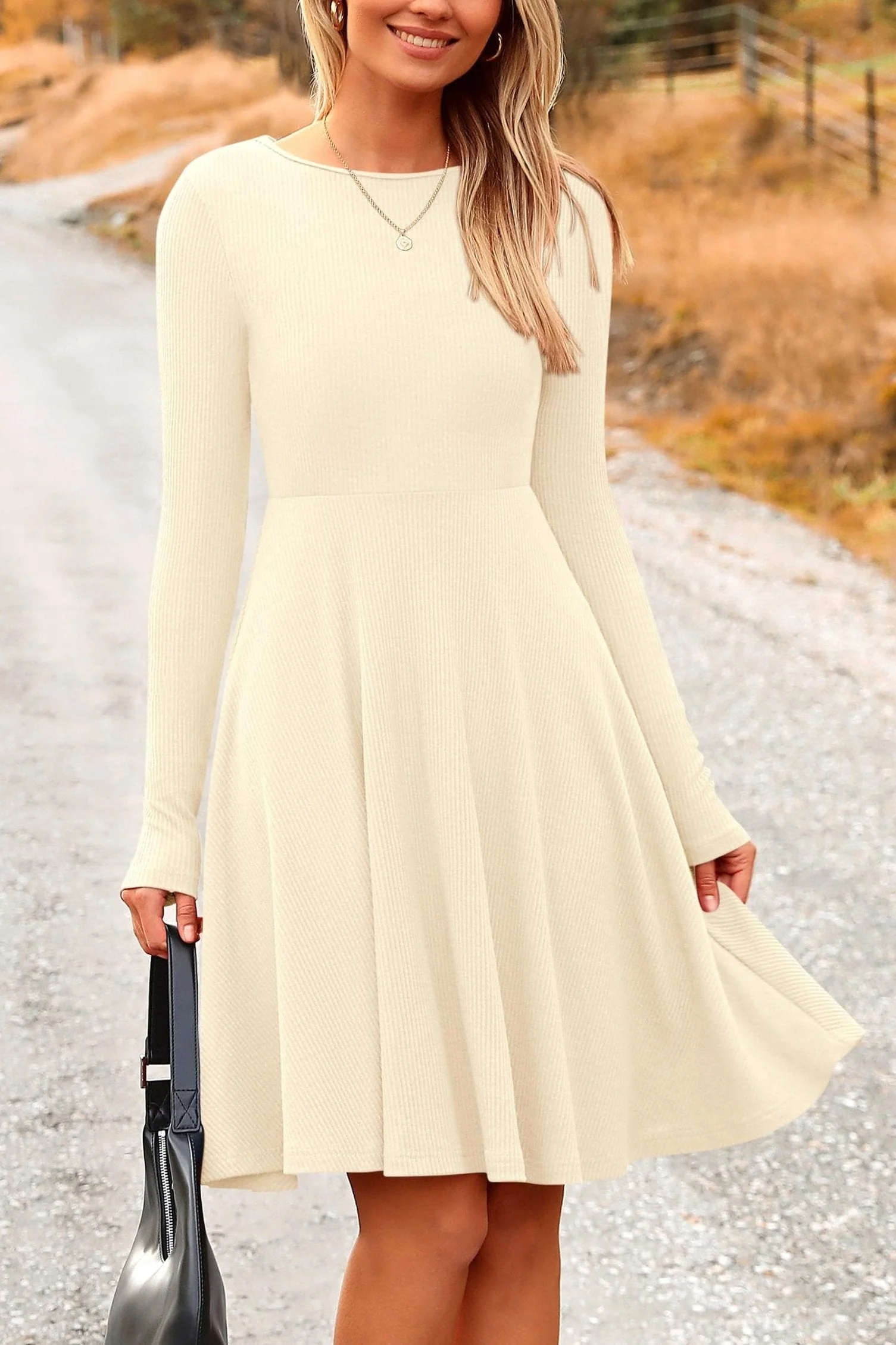 PRETTYGARDEN Women's Spring Fall Short Dress Ribbed Knit Crewneck Long Sleeve A Line Flowy Casual Elegant Going Out Dresses - Image 5