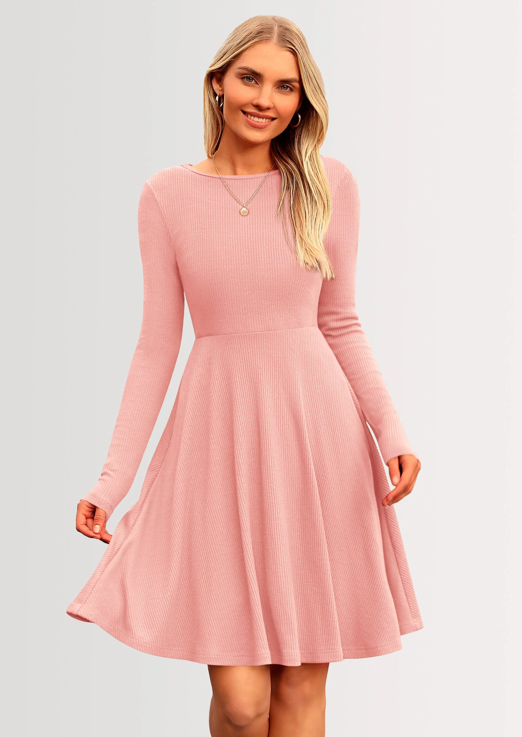 PRETTYGARDEN Women's Spring Fall Short Dress Ribbed Knit Crewneck Long Sleeve A Line Flowy Casual Elegant Going Out Dresses - Image 50