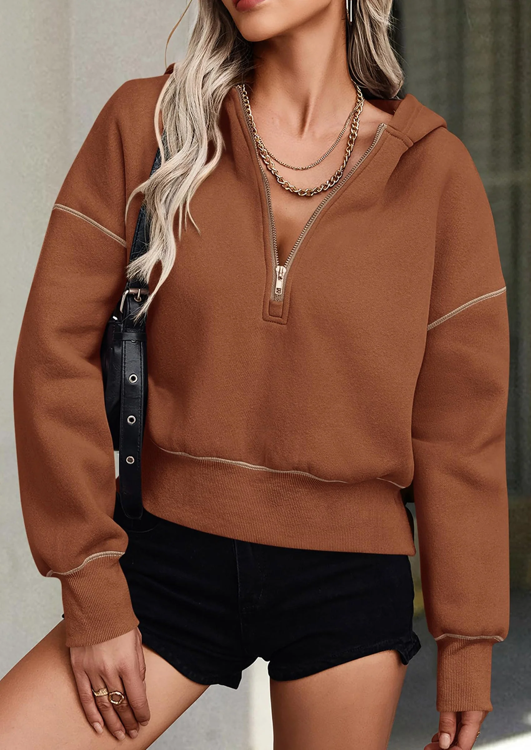 PRETTYGARDEN Women's Hooded Sweatshirts Long Sleeve Half Zip Cropped Hoodie Pullover Winter Fashion Clothes - Image 6