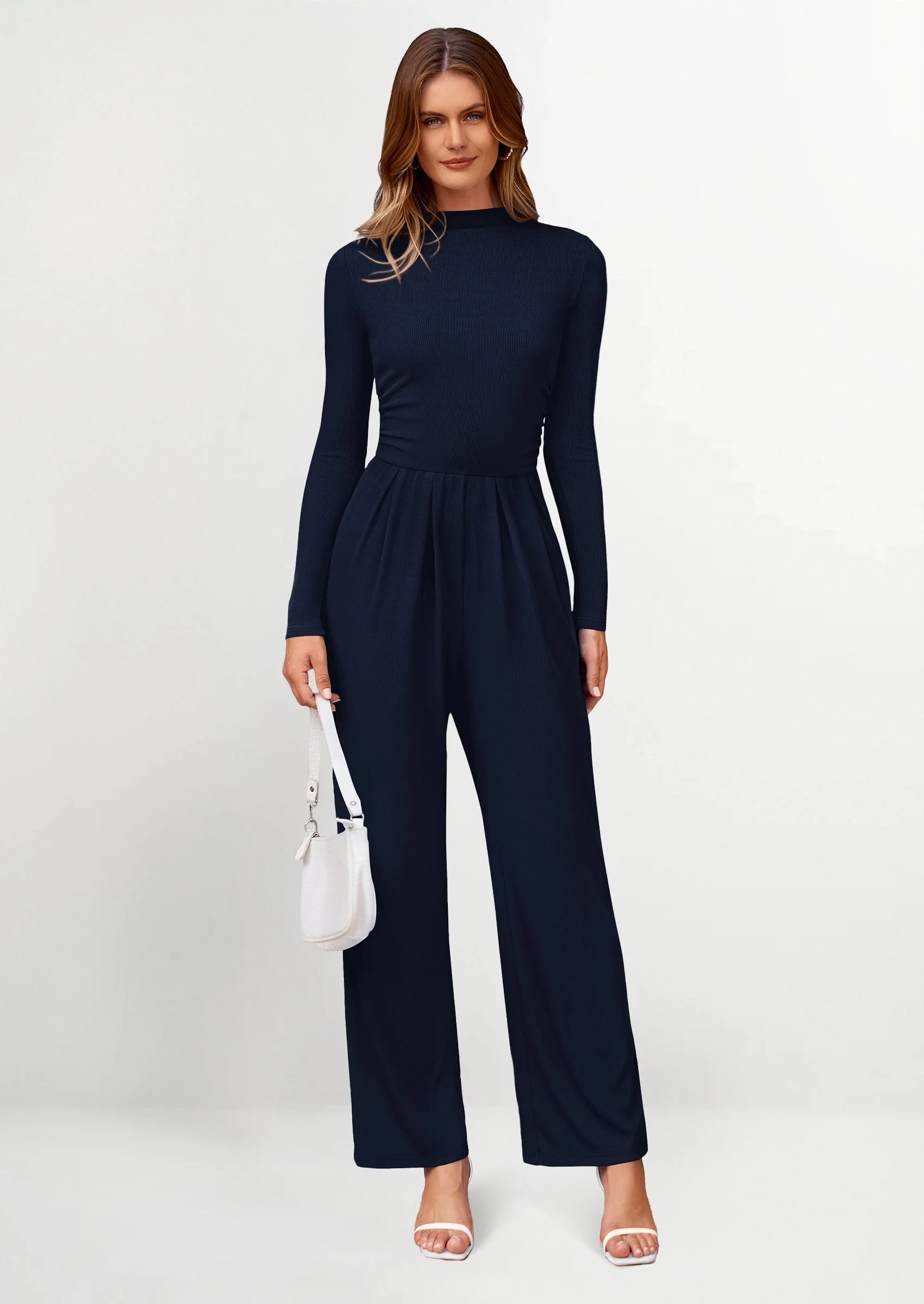 PRETTYGARDEN Dressy Casual Fashion Outfits Long Sleeve Mock Neck Wide Leg Pants Rompers - Image 16