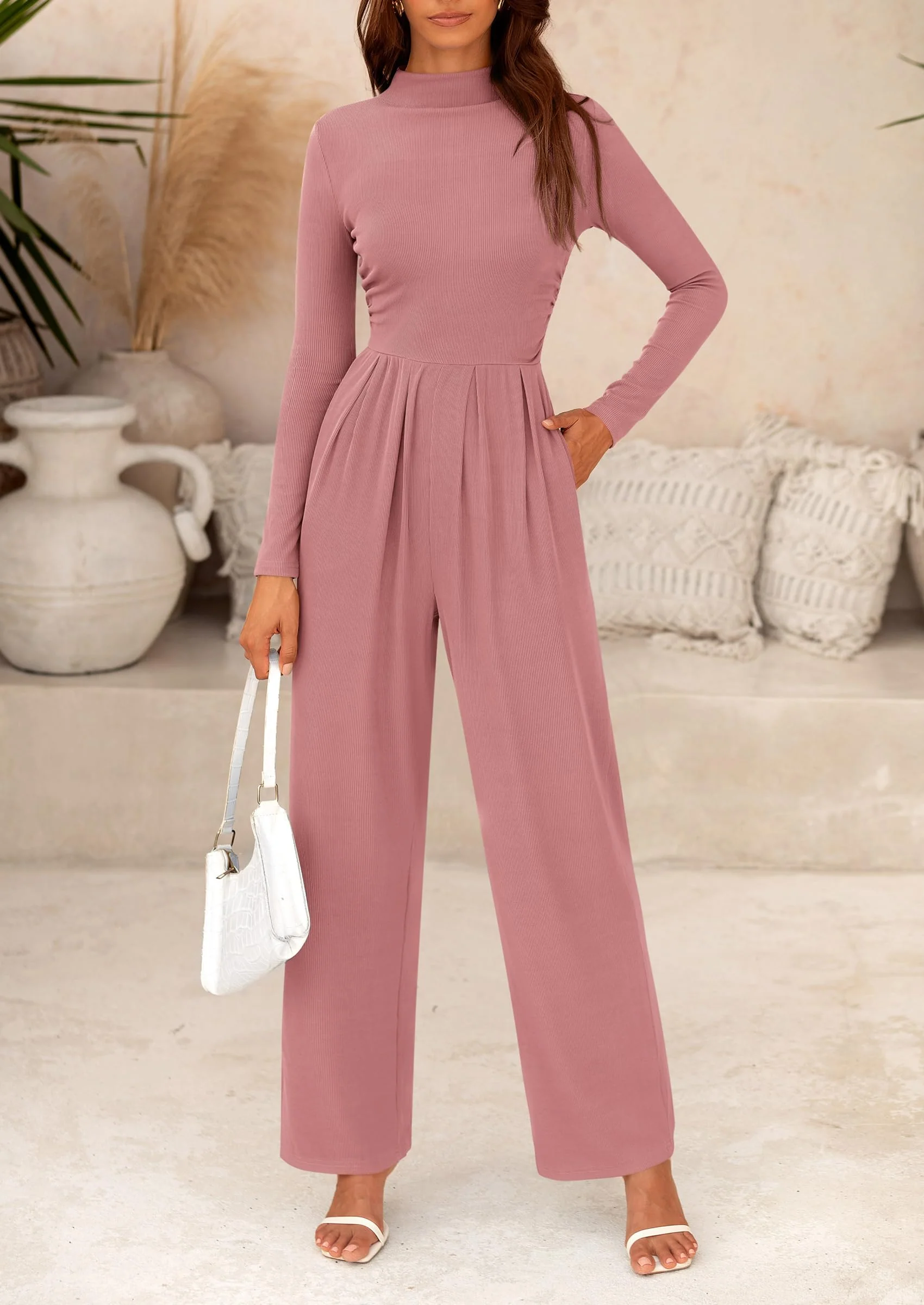 PRETTYGARDEN Dressy Casual Fashion Outfits Long Sleeve Mock Neck Wide Leg Pants Rompers - Image 3