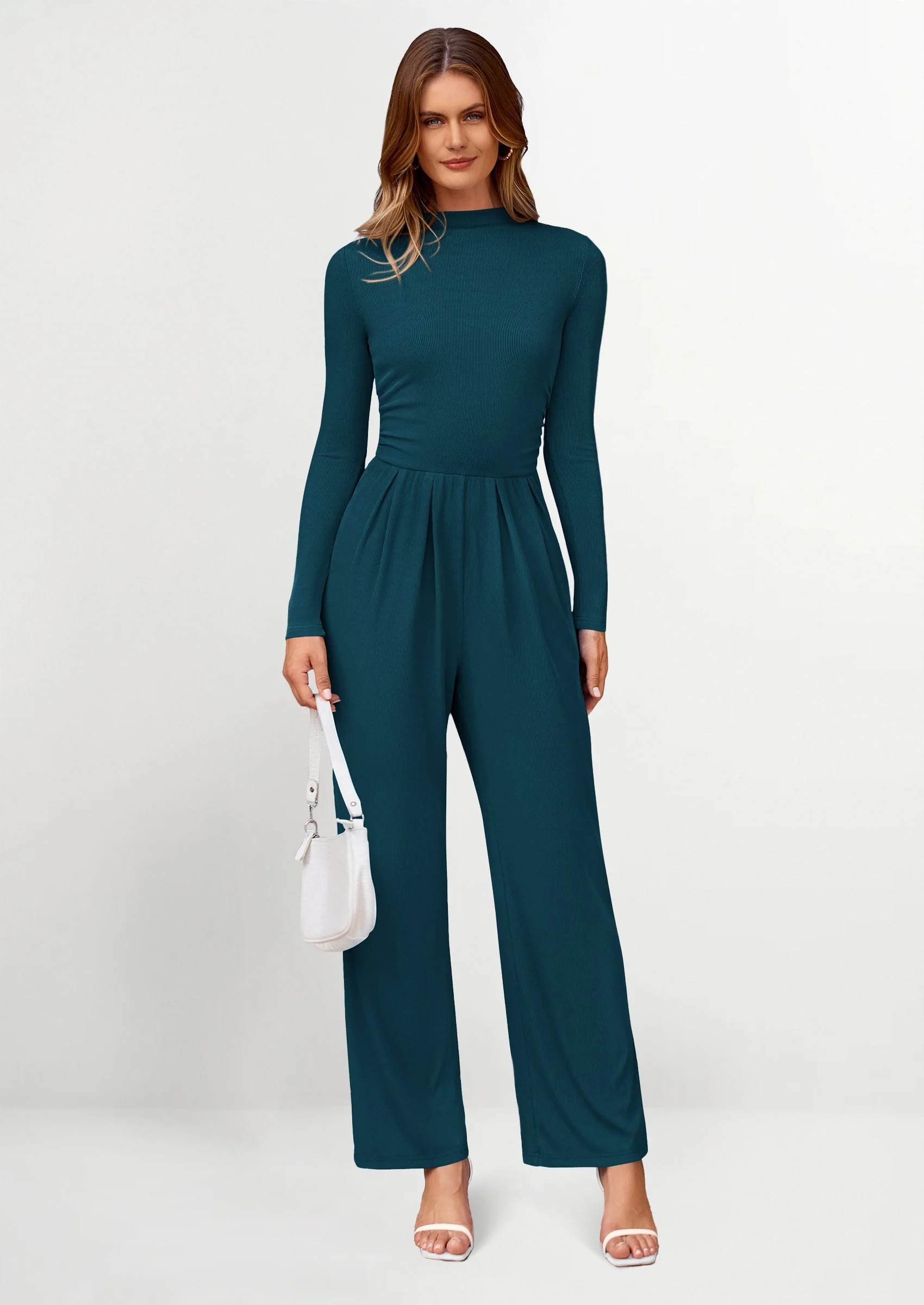 PRETTYGARDEN Dressy Casual Fashion Outfits Long Sleeve Mock Neck Wide Leg Pants Rompers - Image 31