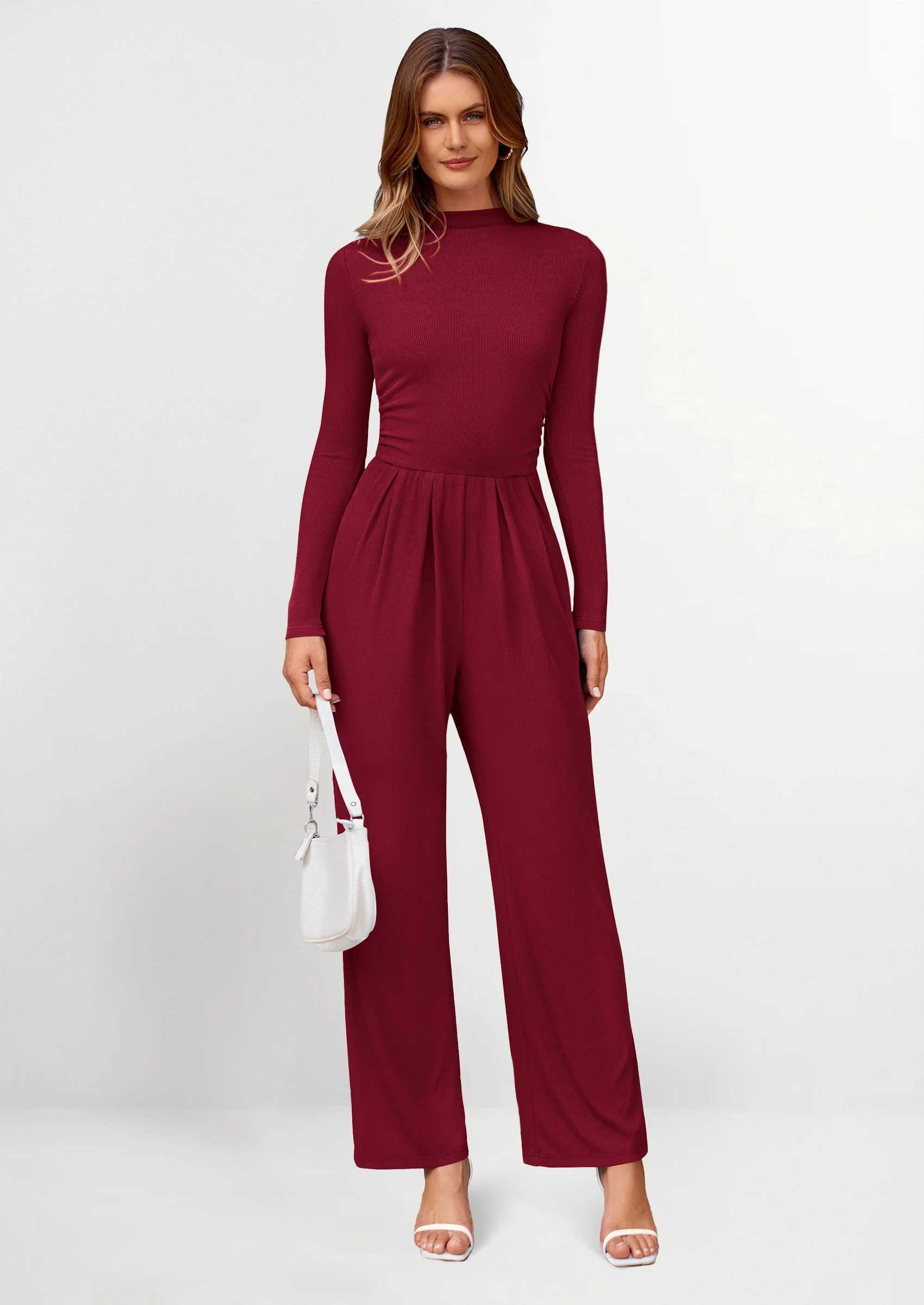 PRETTYGARDEN Dressy Casual Fashion Outfits Long Sleeve Mock Neck Wide Leg Pants Rompers - Image 39
