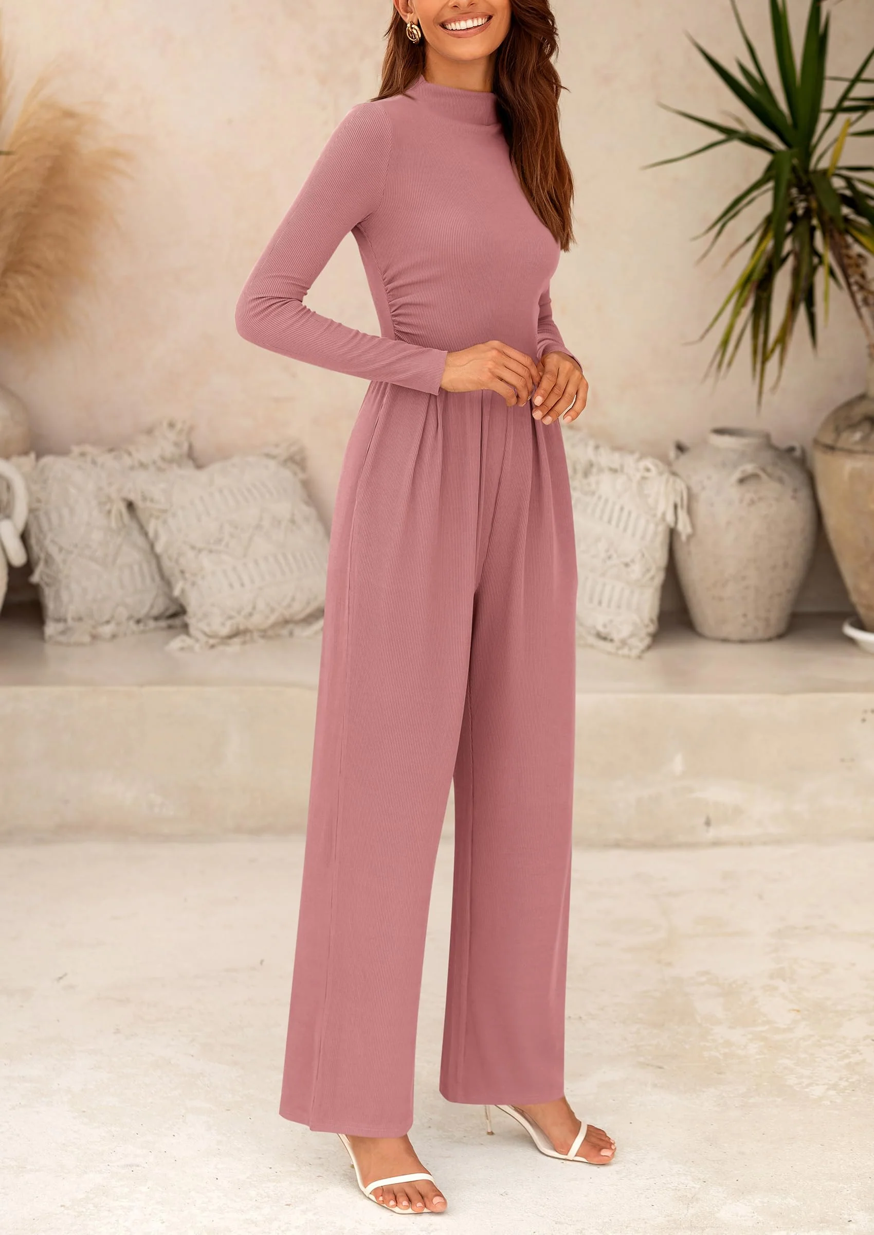 PRETTYGARDEN Dressy Casual Fashion Outfits Long Sleeve Mock Neck Wide Leg Pants Rompers - Image 4