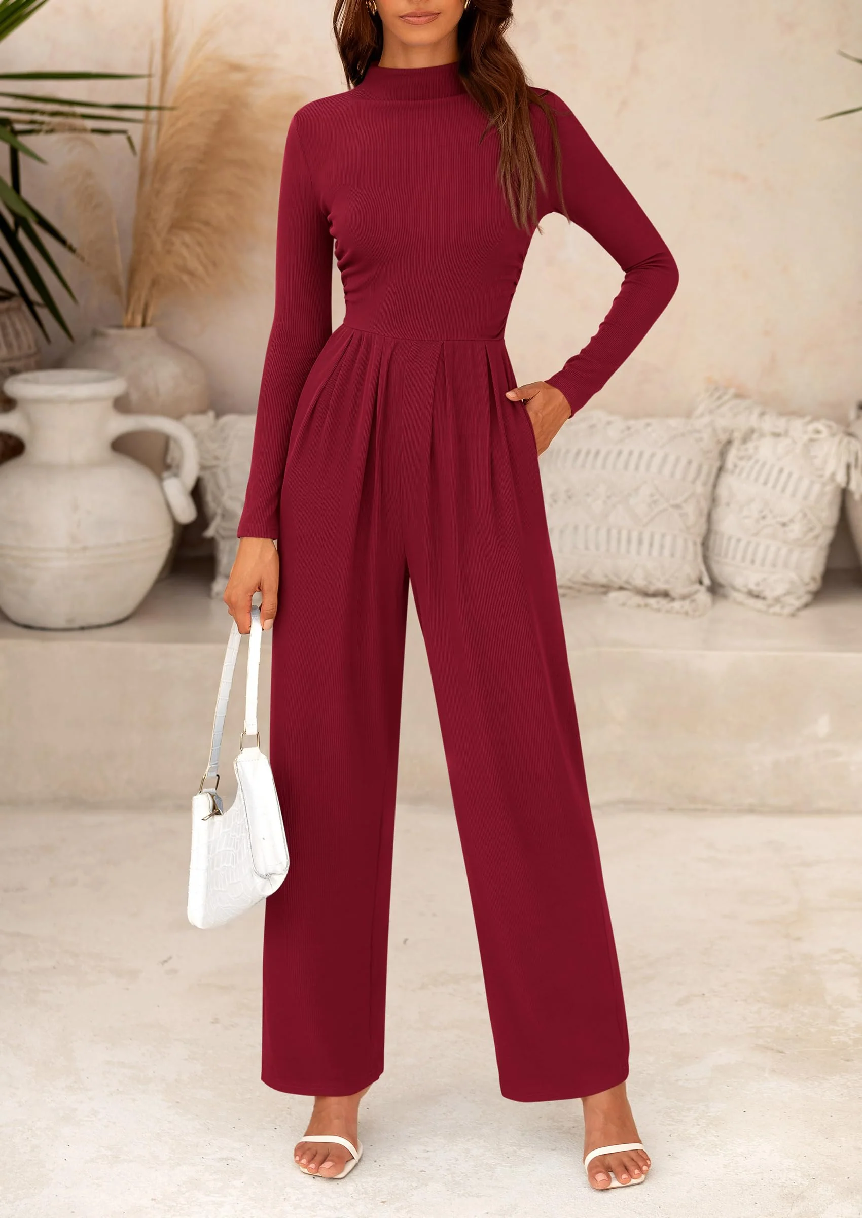 PRETTYGARDEN Dressy Casual Fashion Outfits Long Sleeve Mock Neck Wide Leg Pants Rompers - Image 41