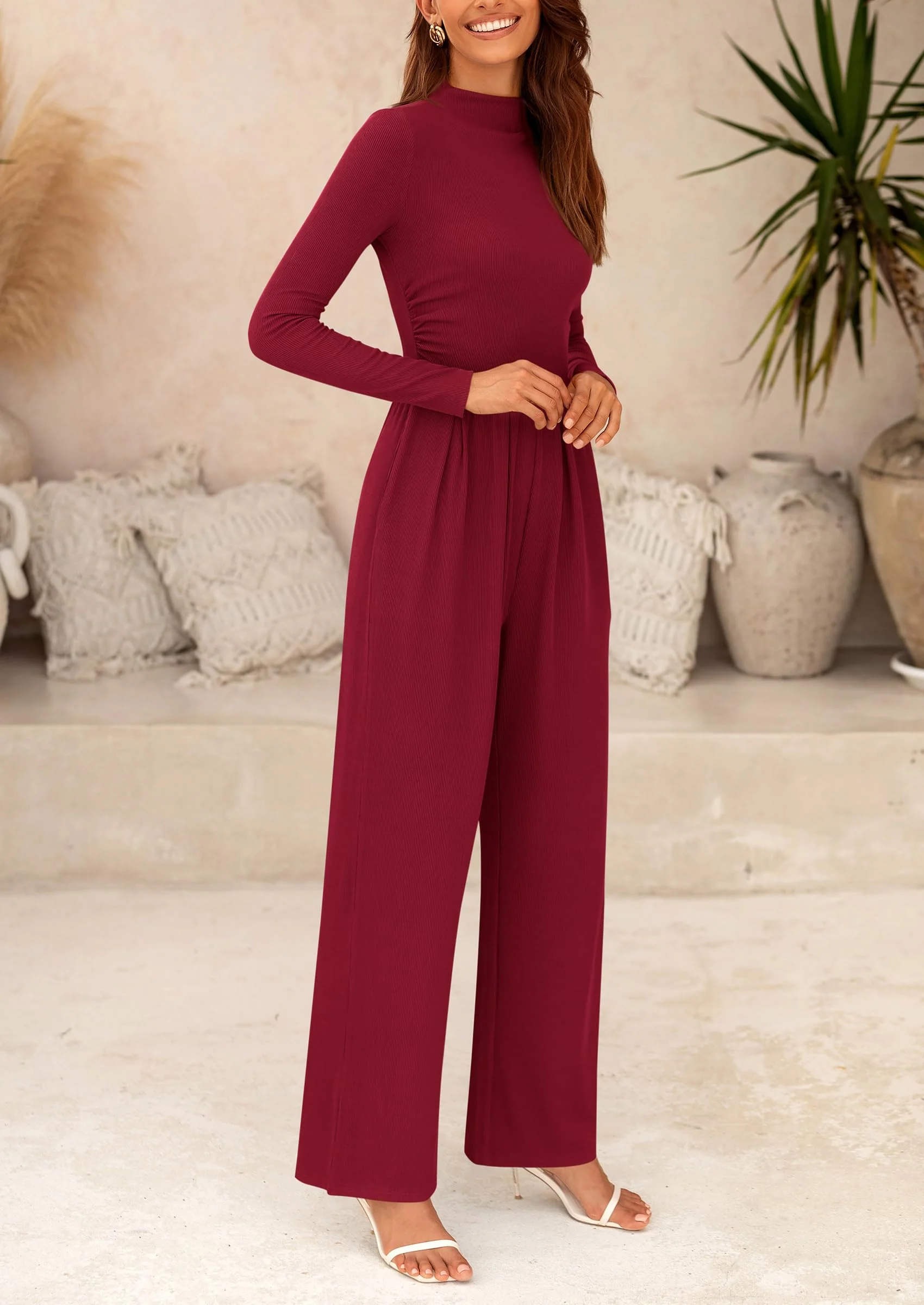 PRETTYGARDEN Dressy Casual Fashion Outfits Long Sleeve Mock Neck Wide Leg Pants Rompers - Image 42
