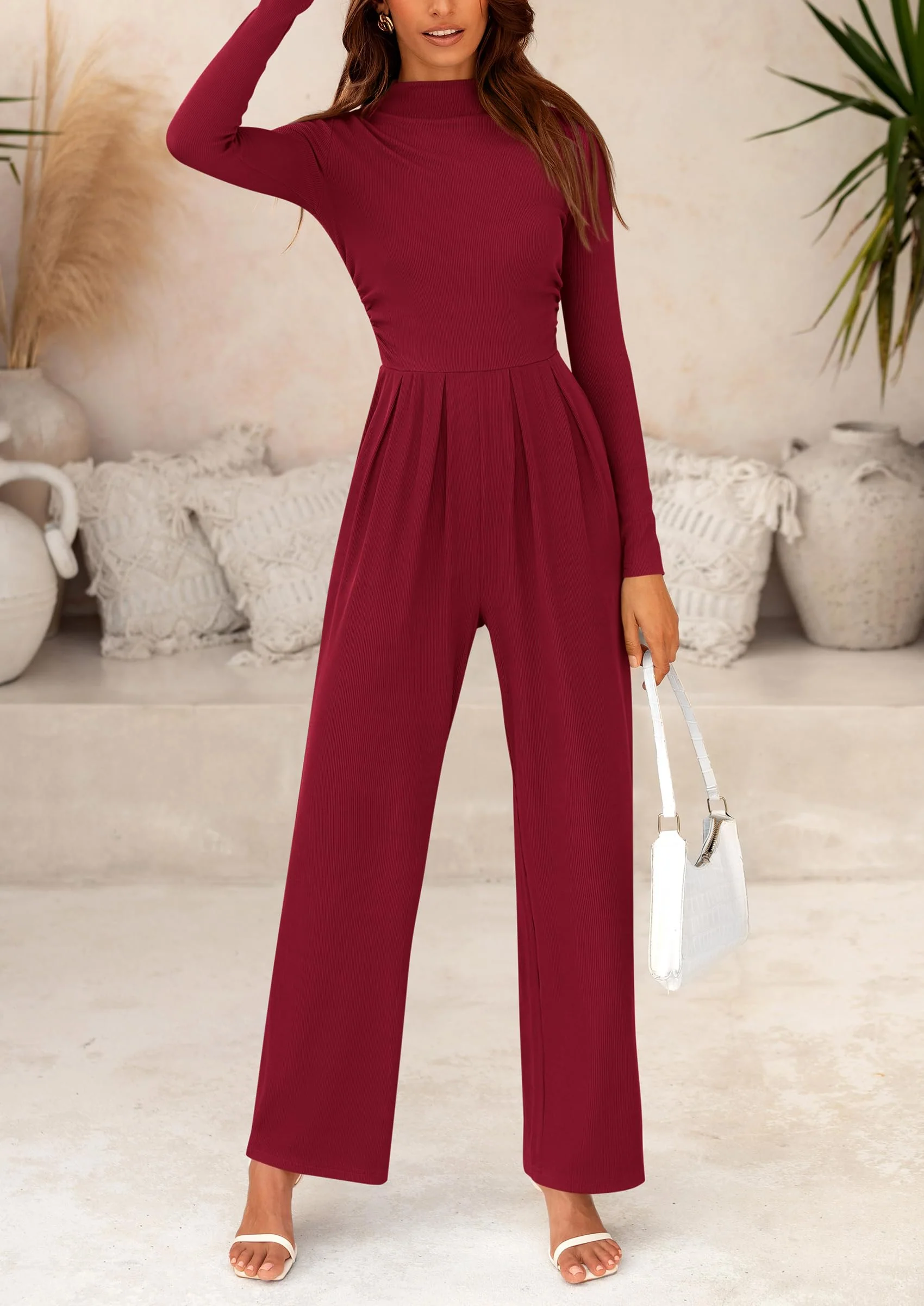 PRETTYGARDEN Dressy Casual Fashion Outfits Long Sleeve Mock Neck Wide Leg Pants Rompers - Image 45