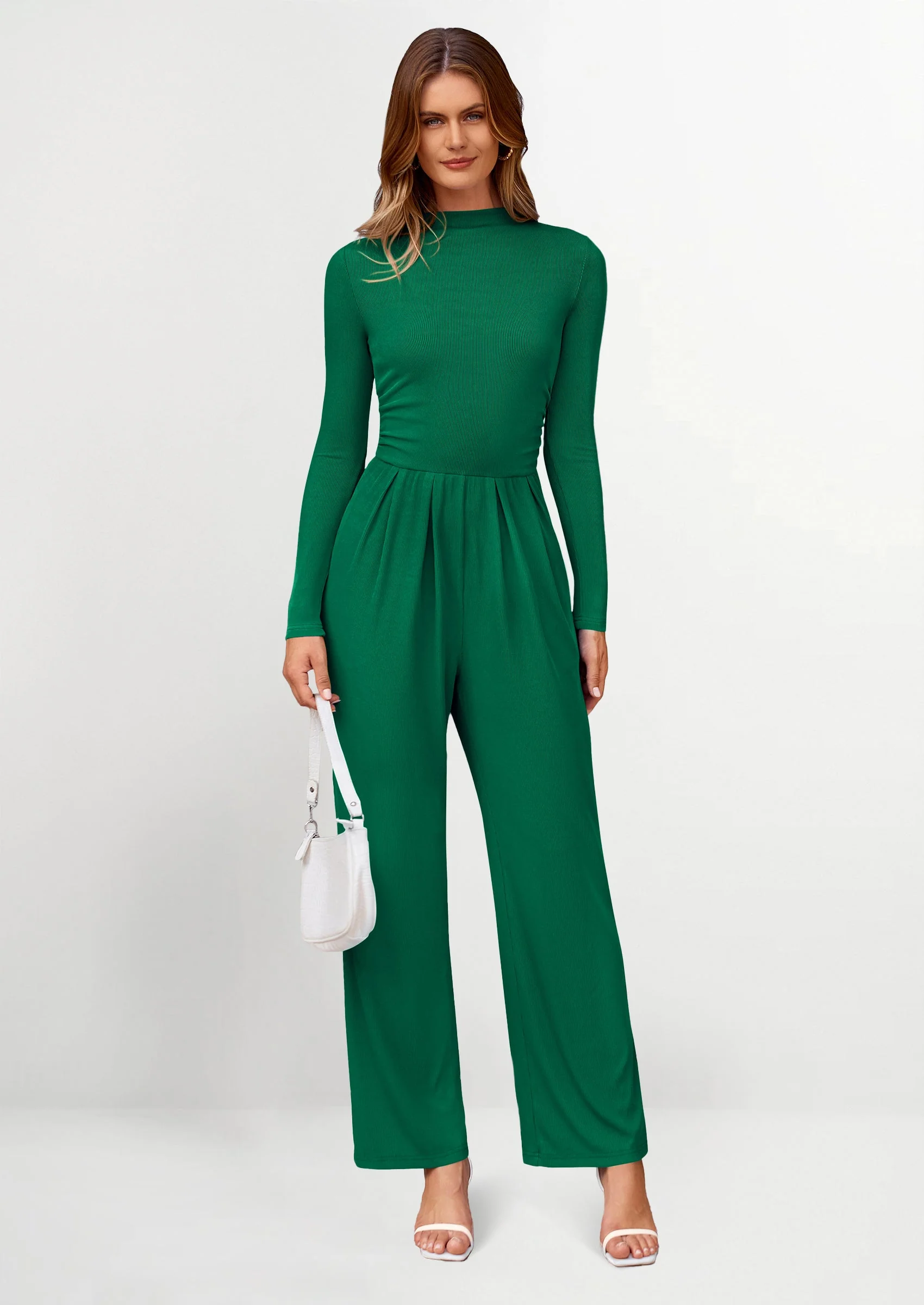 PRETTYGARDEN Dressy Casual Fashion Outfits Long Sleeve Mock Neck Wide Leg Pants Rompers - Image 47